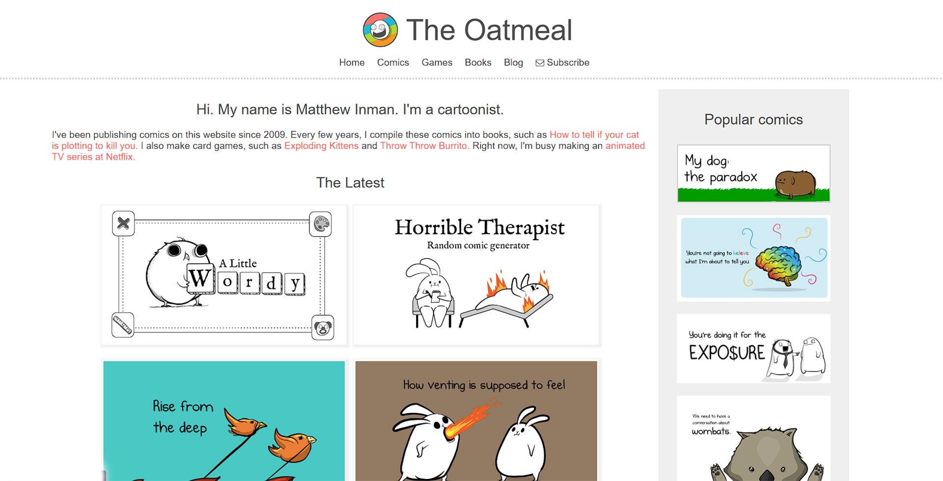 صفحه اول سایت The Oatmeal که تصاویر کارتونی مختلف در آن وجود دارد