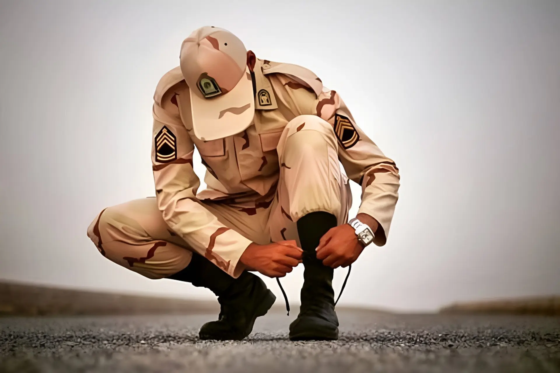 پسر جوان با لباس سربازی در حال بستن بند پوتین