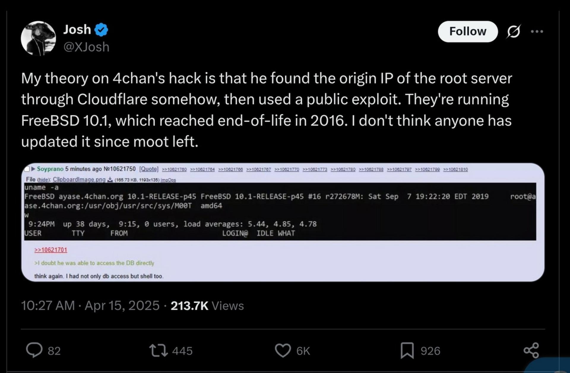 پست کاربر ایکس درمورد دلیل هک 4chan