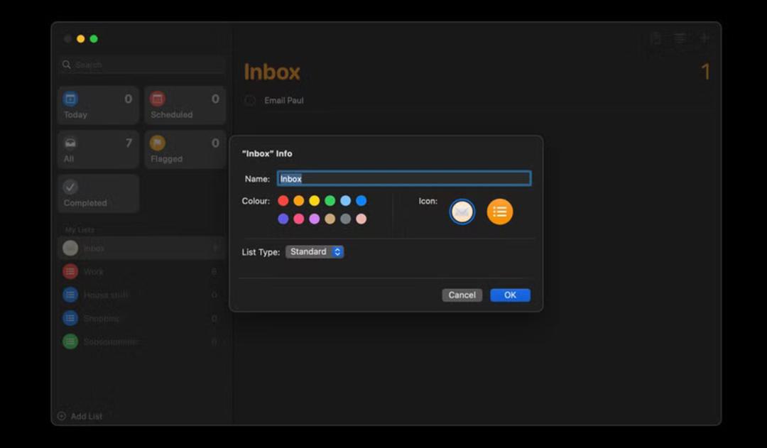 ساختن لیست صندوق ورودی در Reminders مک