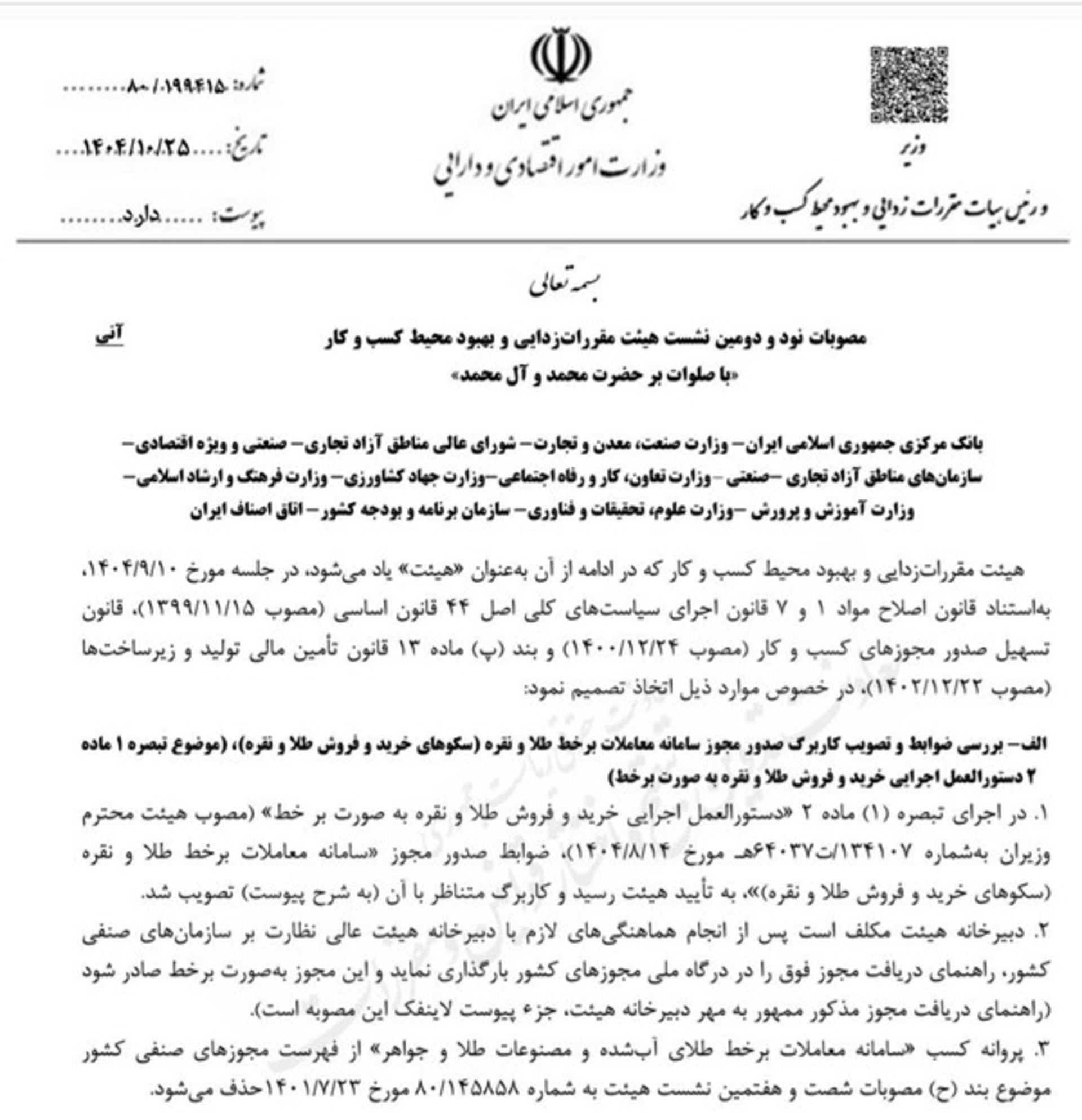 نامه هیئت مقررات‌زدایی پلتفرم‌های خرید و فروش آنلاین طلا و نقره