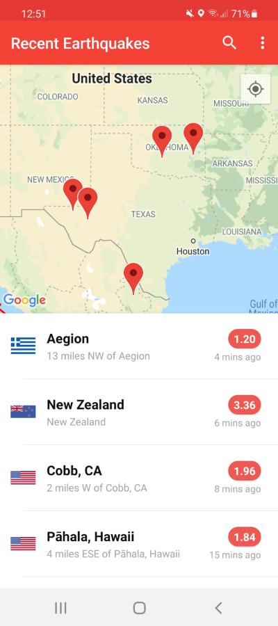 A map showing the location of various earthquakes