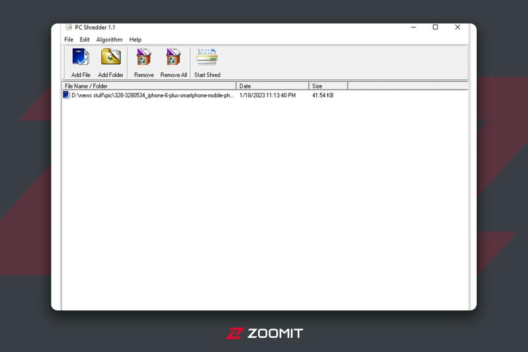 نام فایلی در صفحه نرم افزار Pc shredder