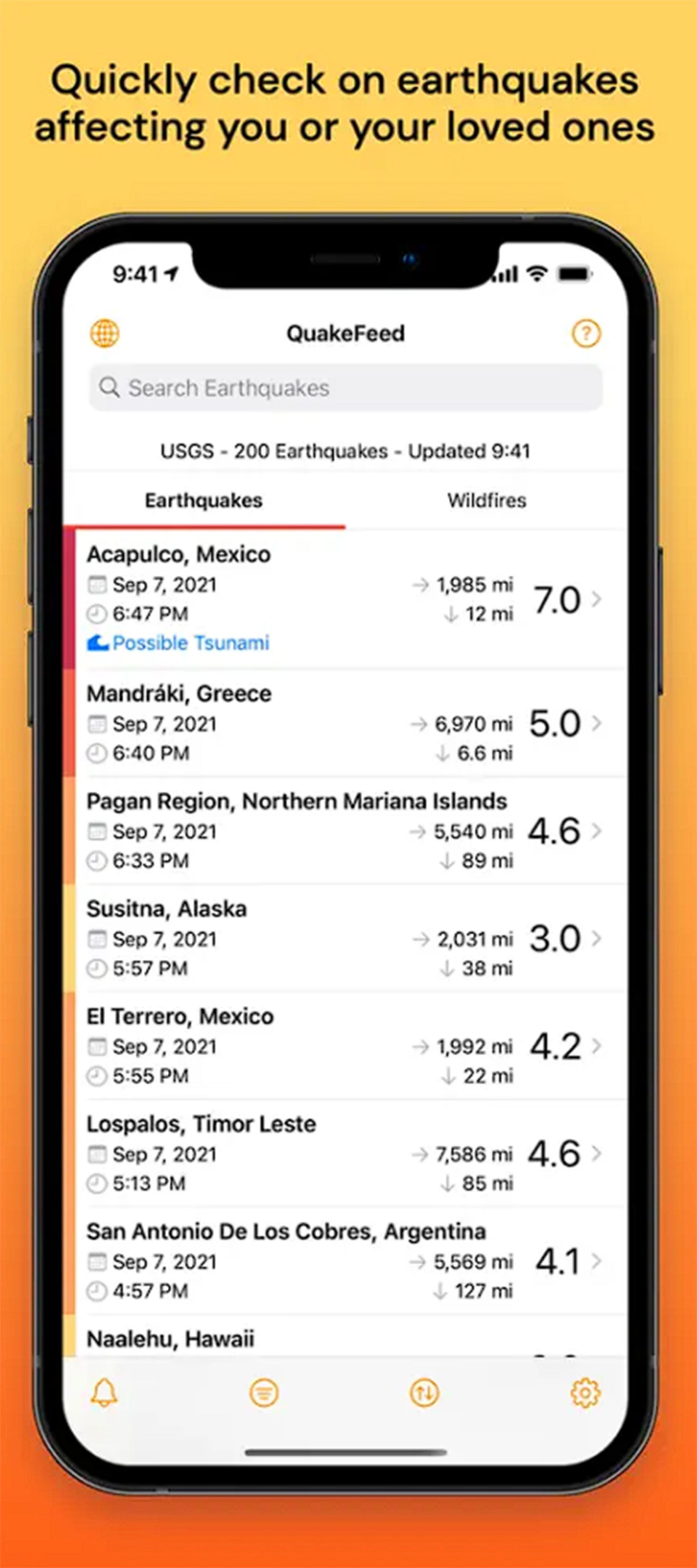 صفحه ای مملو از اطلاعات مربوط به زلزله های مختلف در بخشی خاص از زمین