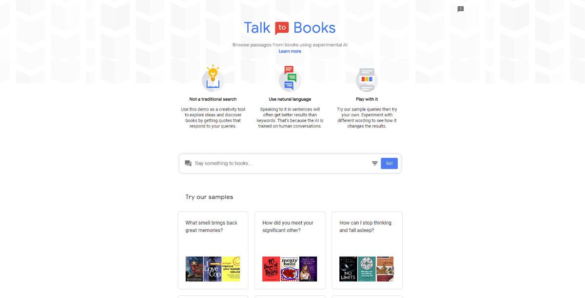 Talk To Books home page showing different options