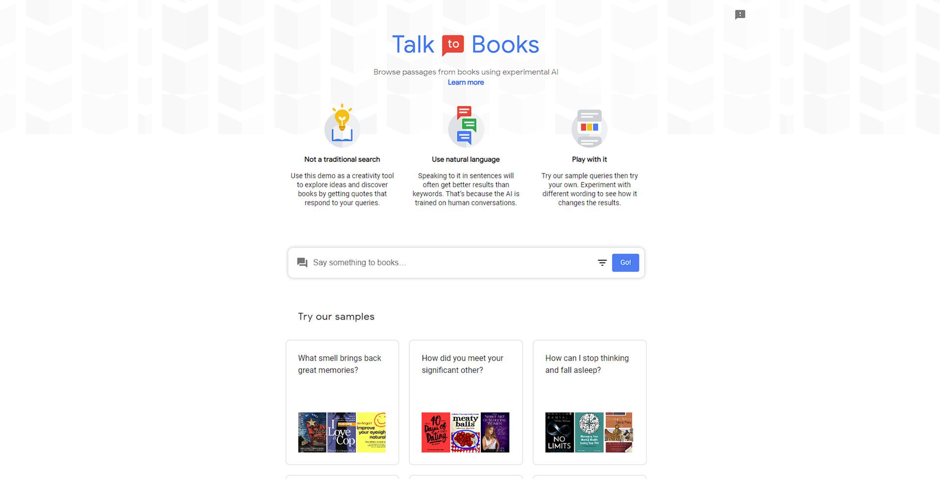 صفحه اصلی سایت Talk To Booksکه گزینه های مختلف را نشان می دهد