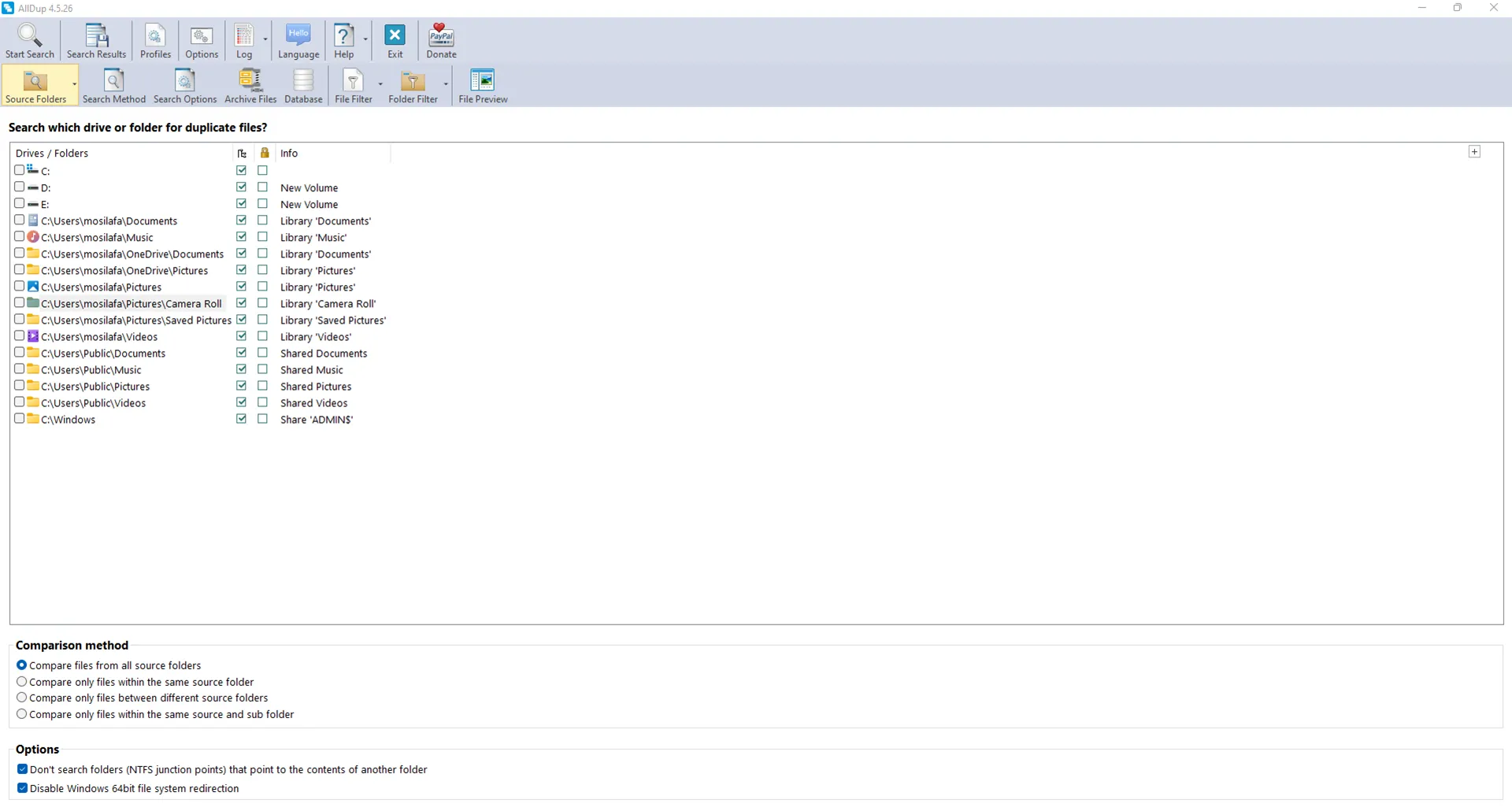 اسکرین شات محیط نرم افزار AllDup و گزینه های مختلف آن برای انتخاب