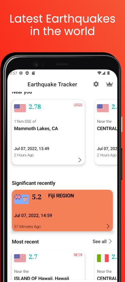 Information about different earthquakes are shown in different cards