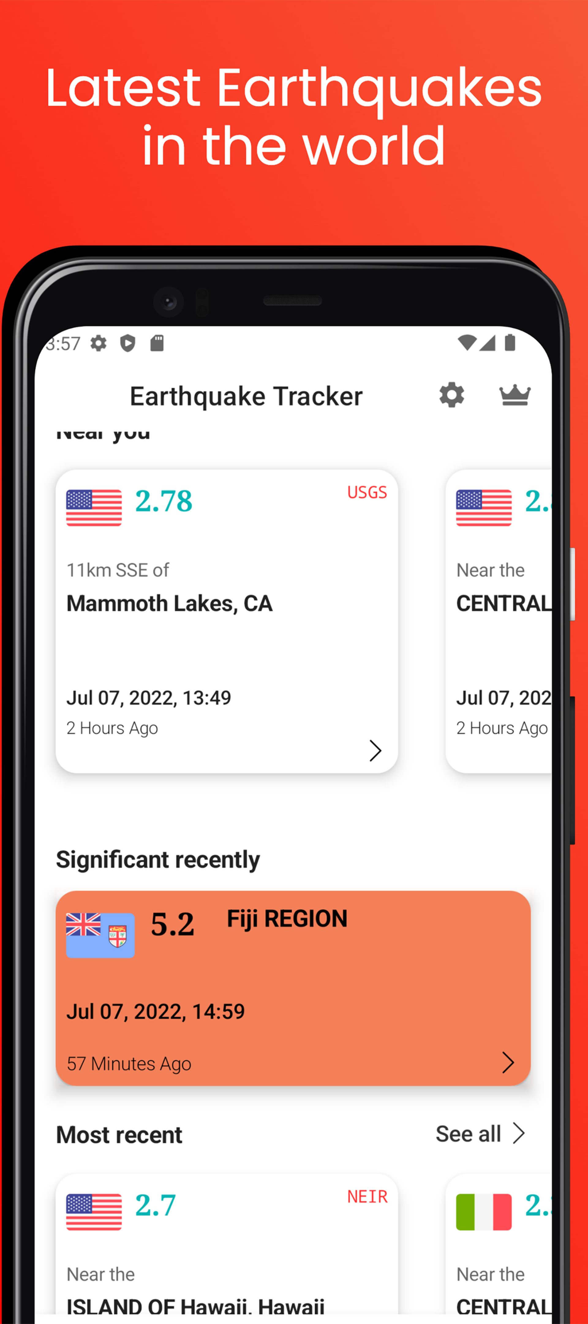 اطلاعات مربوط به زلزله های مختلف در کارت های مختلف نشان داده شده اند