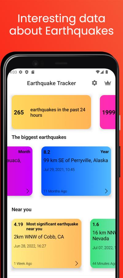 Different cards that show information about many earthquakes