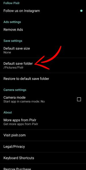 Pixlr settings home page and Flash on Save Folder