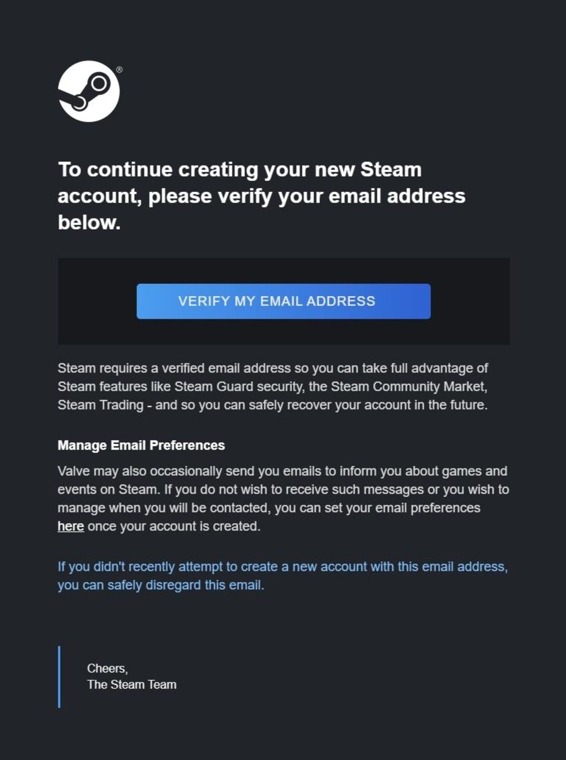 Steam account confirmation email