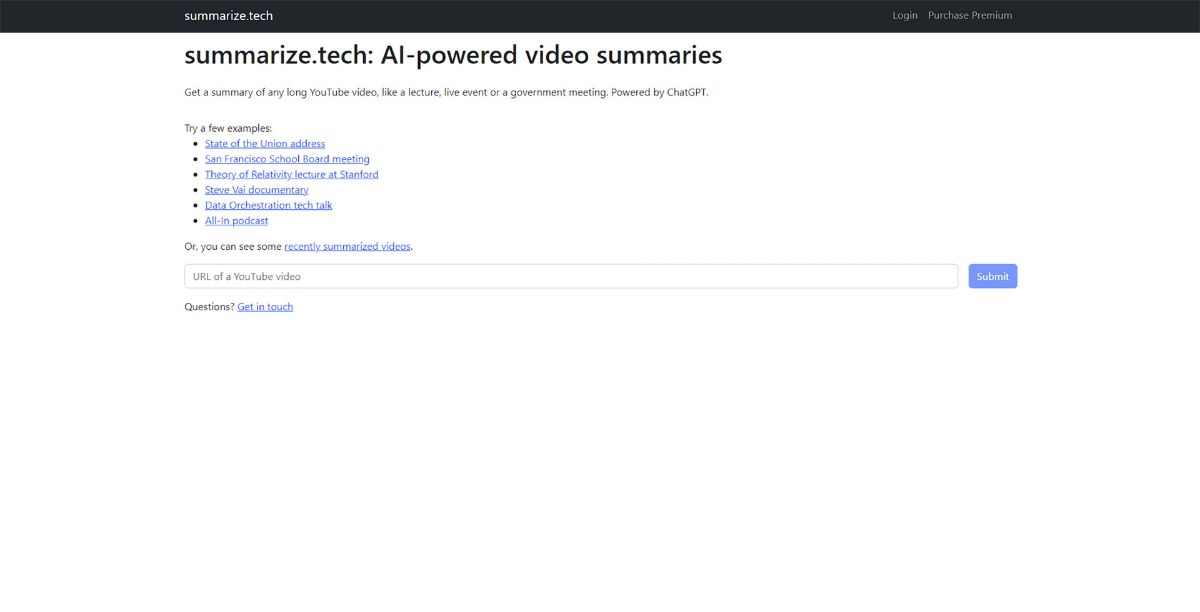 Summarize.tech home page and add YouTube link box