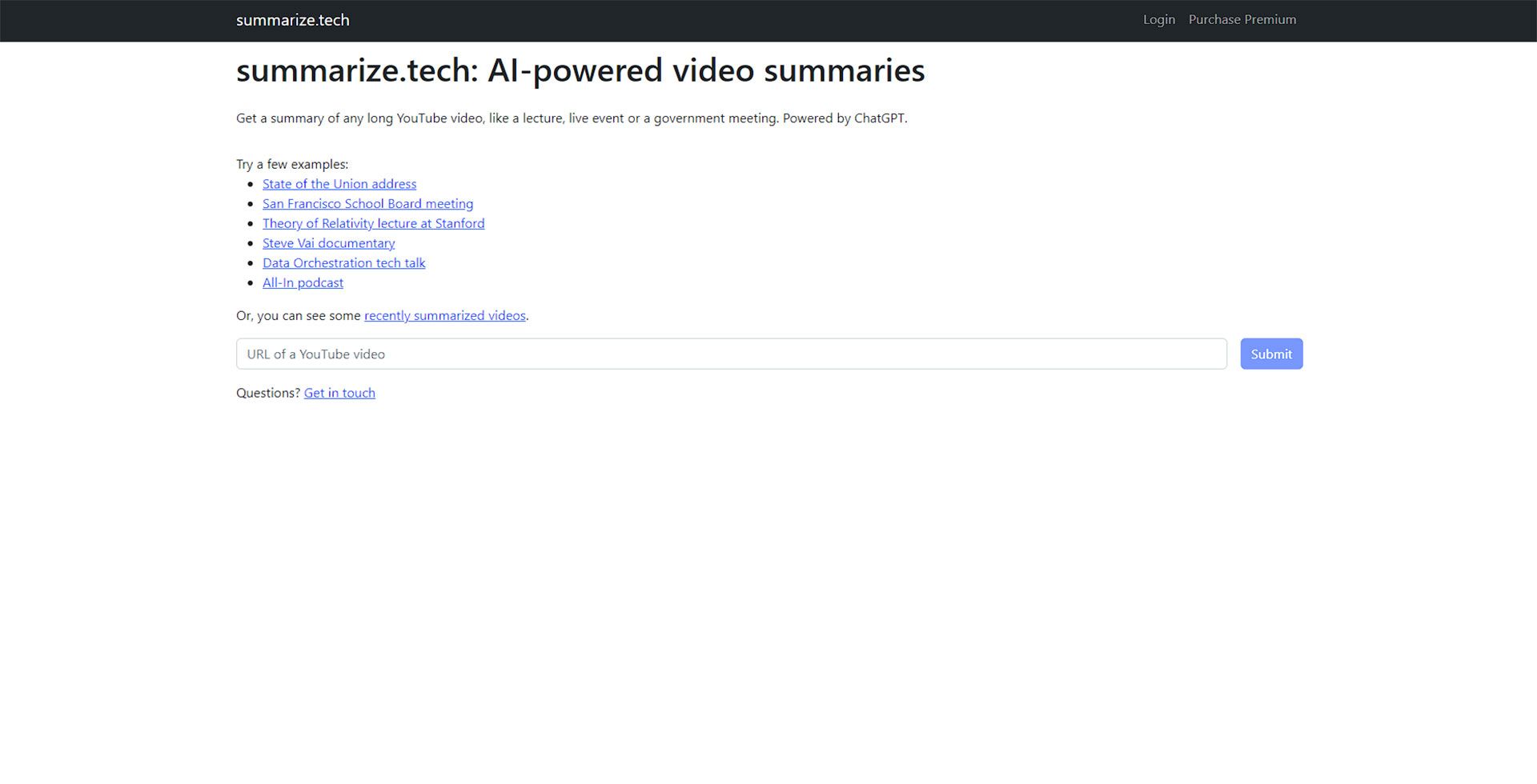 صفحه اصلی سایت Summarize.tech و باکس اضافه کردن لینک یوتیوب