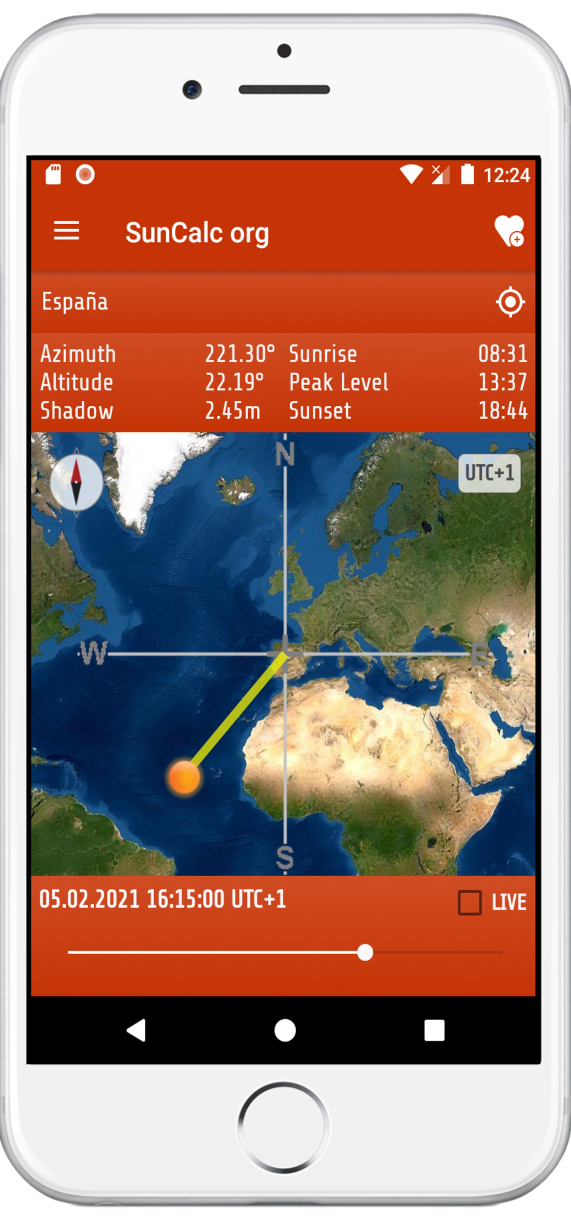 نقشه زمین از بالا در Suncalc