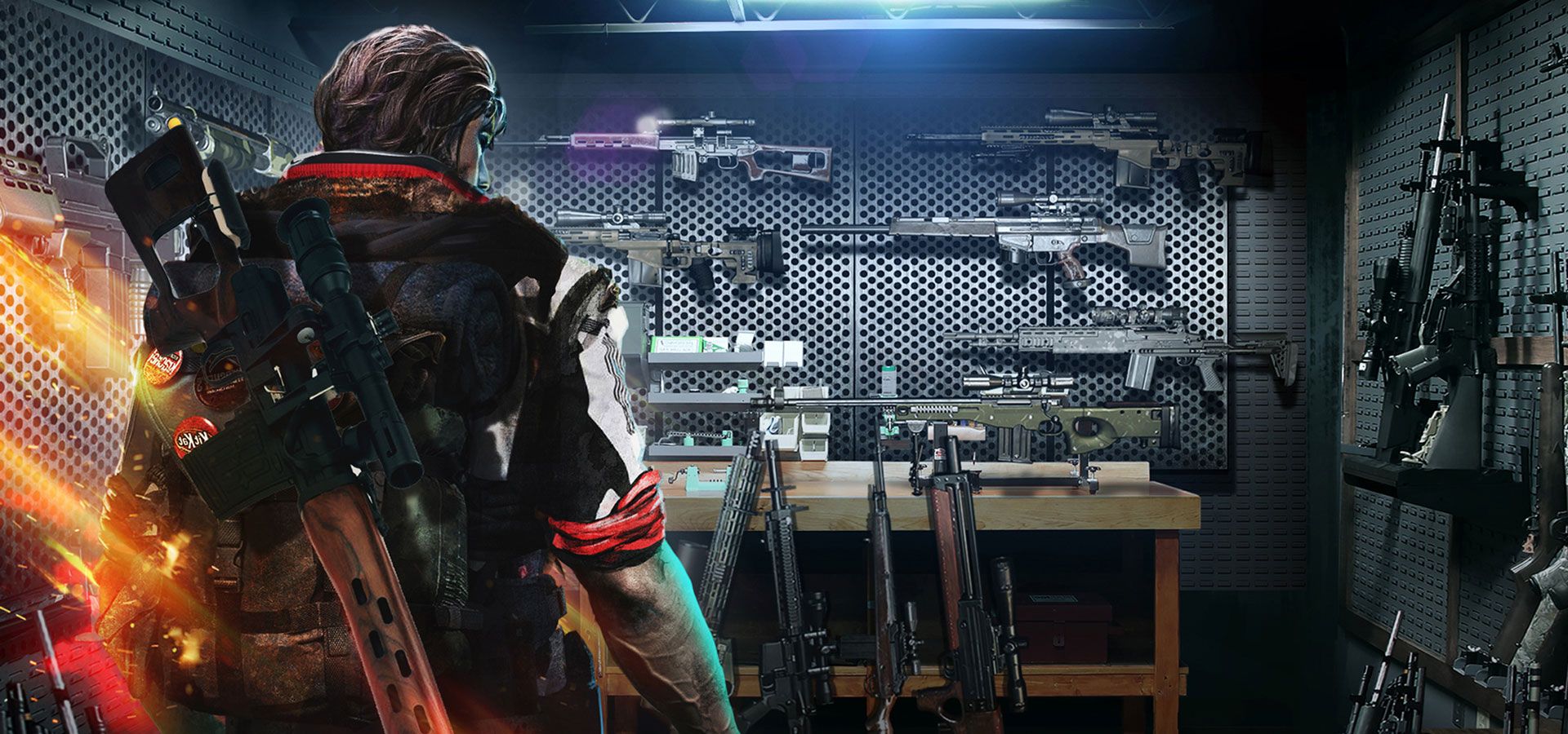 مردی با لباس نظامی در حال نگاه کردن به اسلحه ها