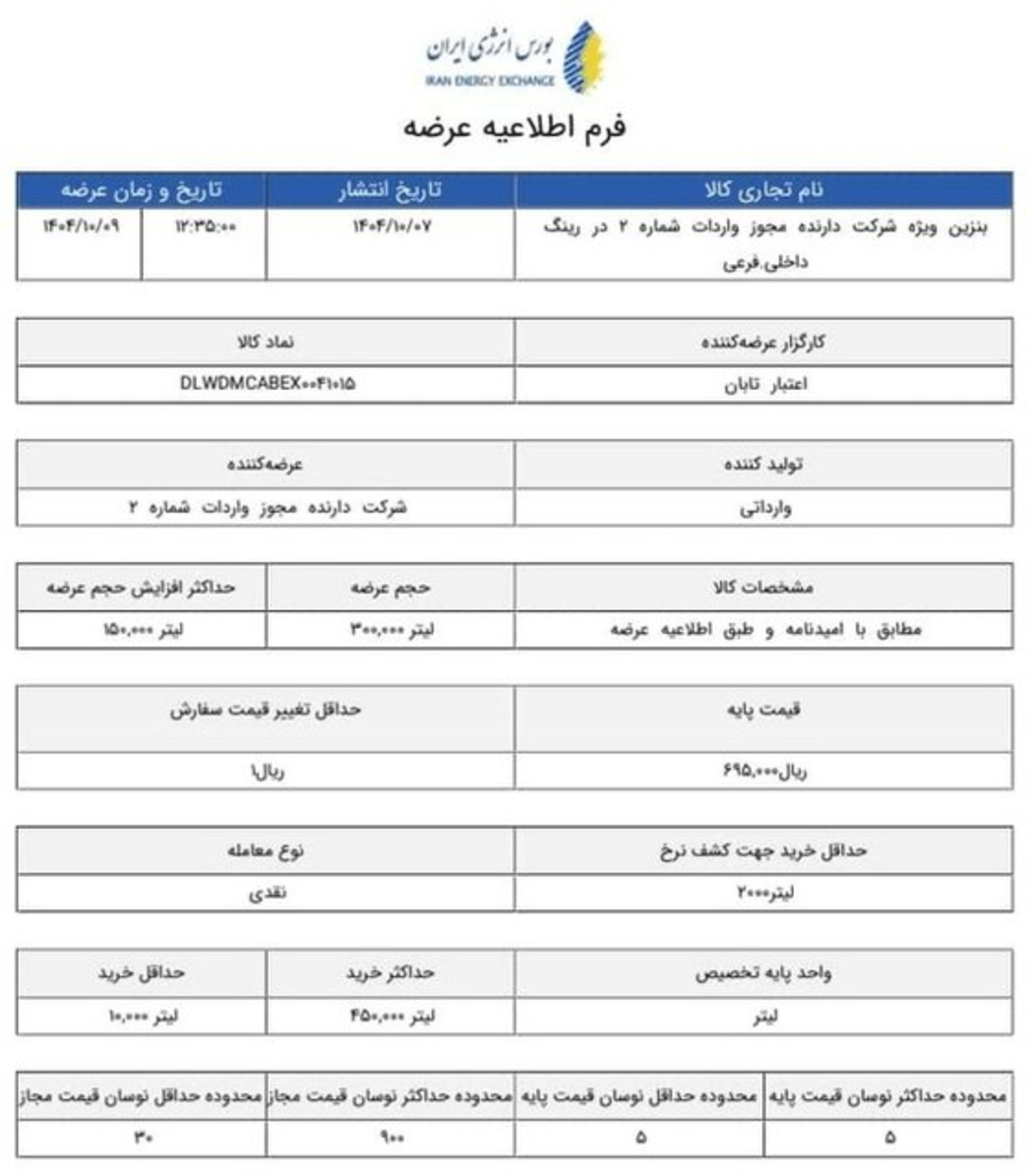 فرم اطلاعیه عرضه بنزین سوپر در بورس انرژی
