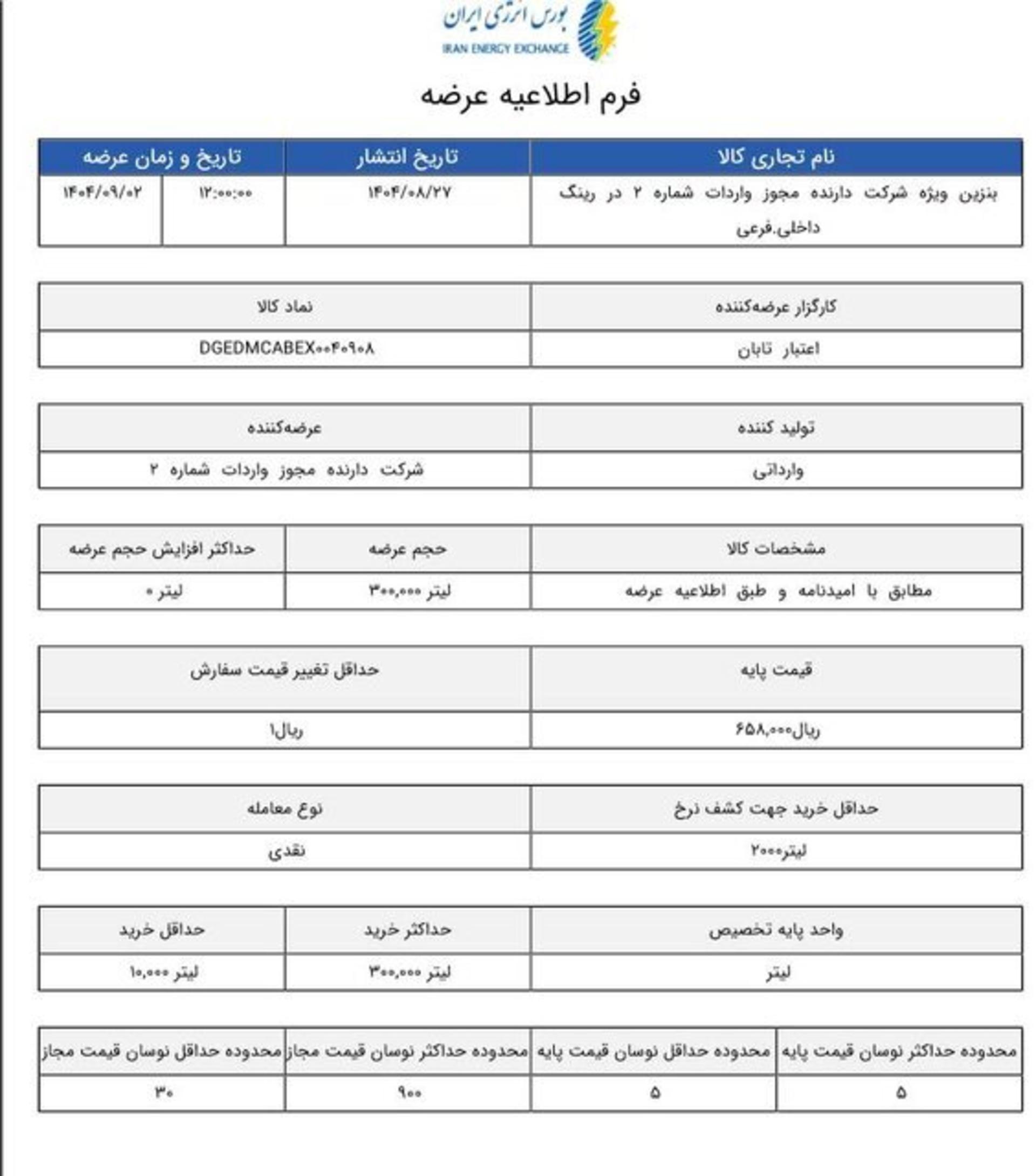 فرم اطلاعیه عرضه بنزین سوپر در بورس انرژی