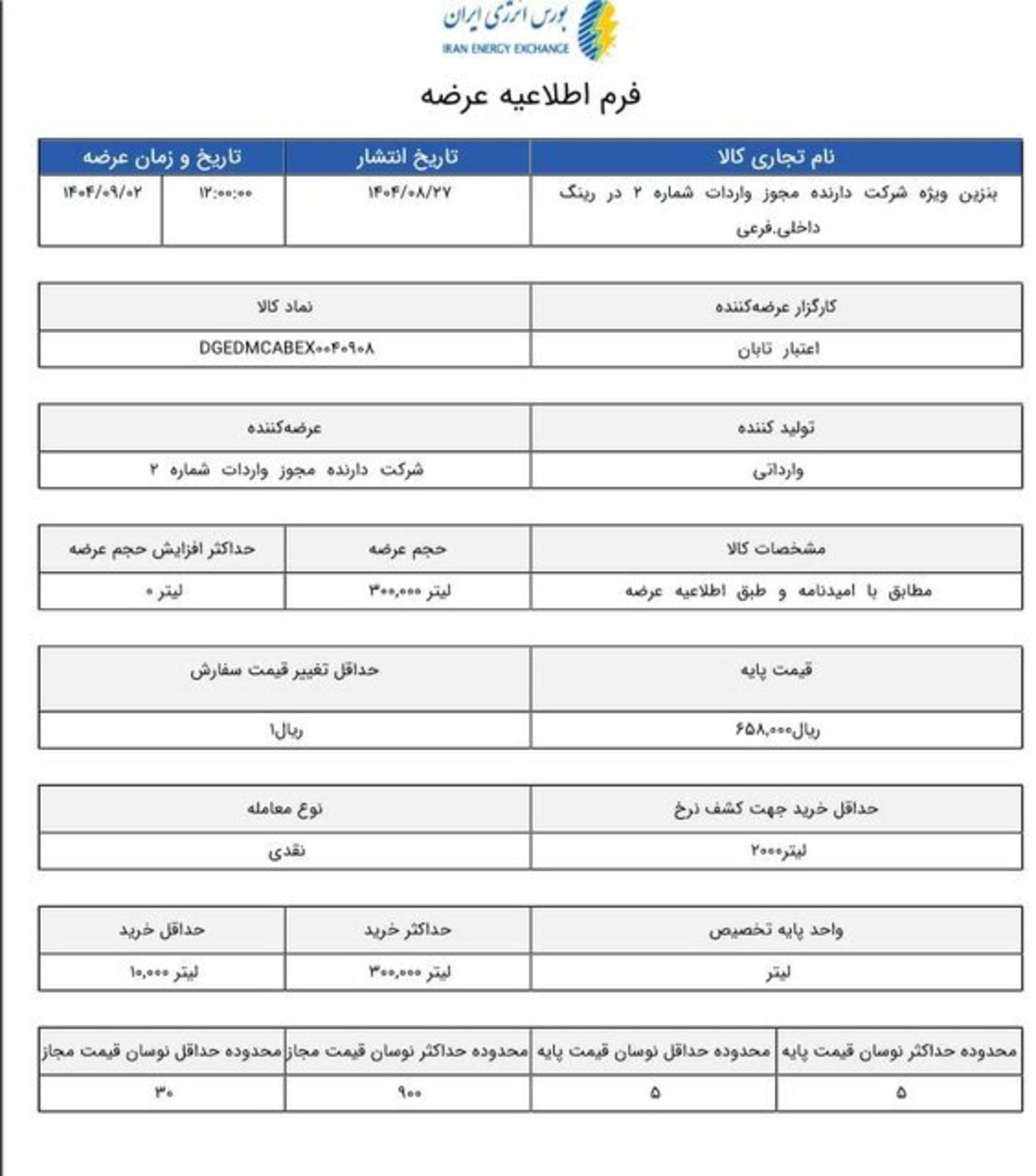 فرم اطلاعیه عرضه بنزین سوپر در بورس انرژی