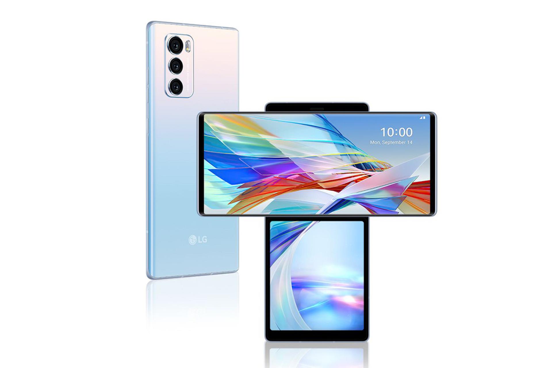 پشت و جلوی ال جی وینگ / LG Wing با رنگ سفید و نمایشگر چرخیده