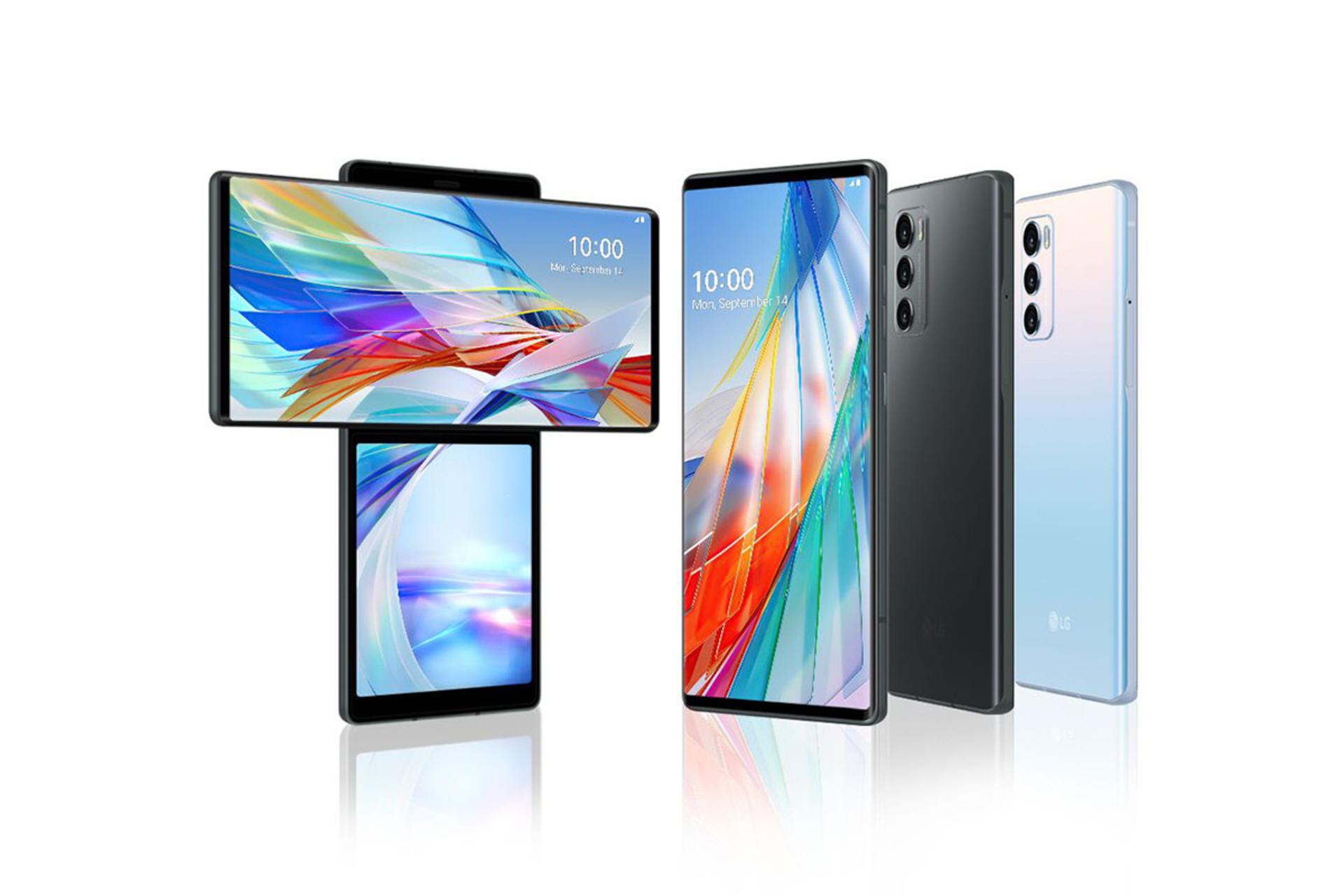 پشت و جلوی ال جی وینگ / LG Wing با رنگ مشکی و سفید و نمایشگر چرخیده