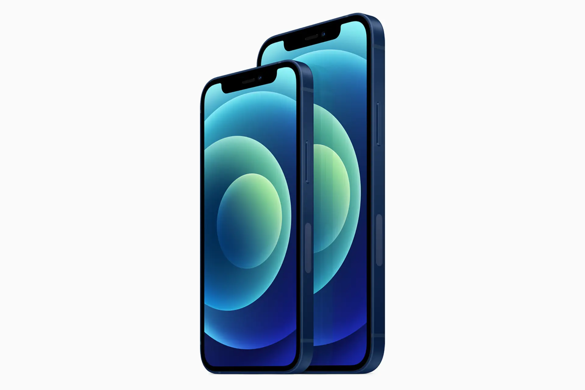 آیفون ۱۲ مینی درکنار iPhone 12 اپل از نمای سه رخ جلو رنگ آبی