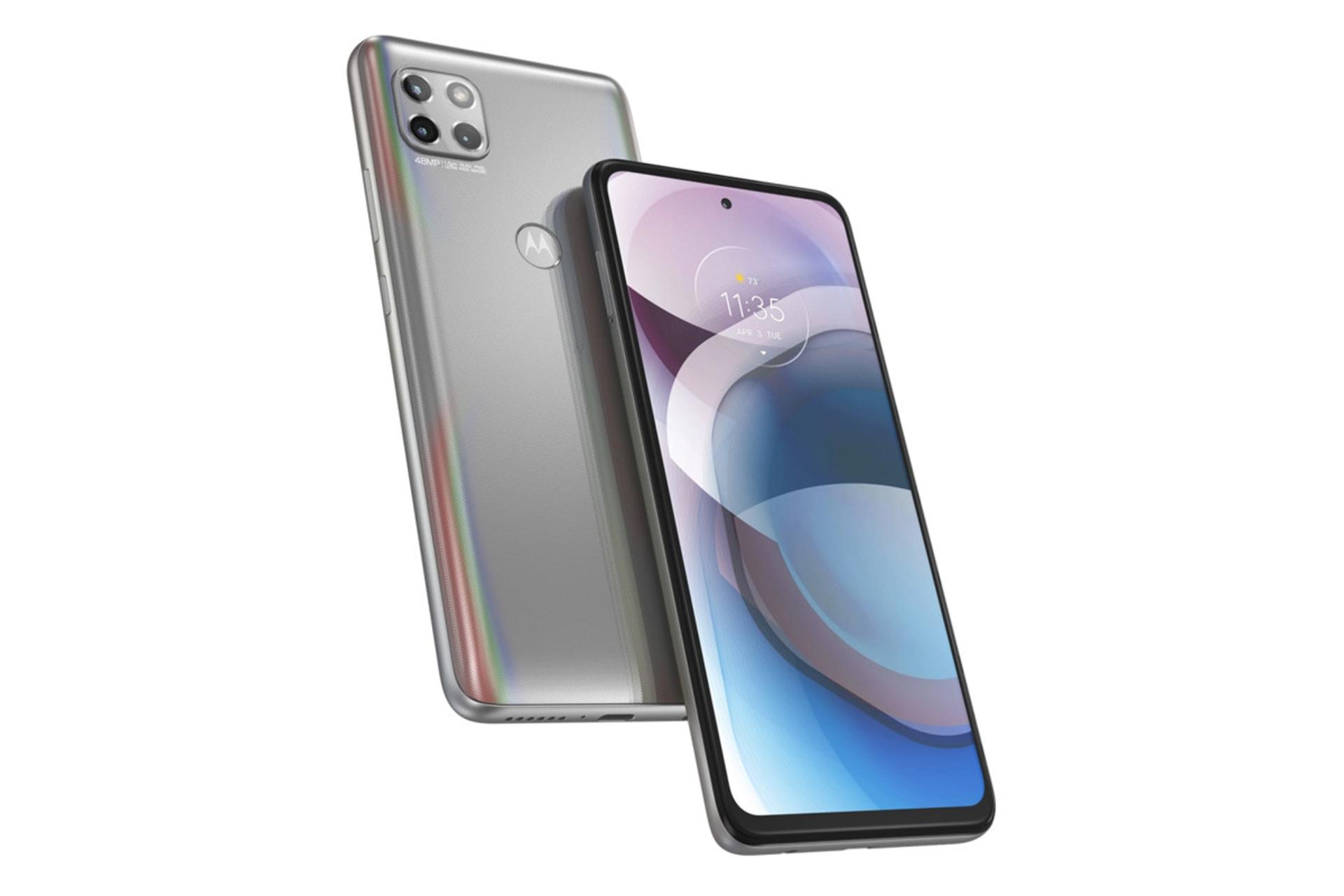 نمای پشت و جلو گوشی وان 5 جی ایس موتورولا رنگ نقره ای