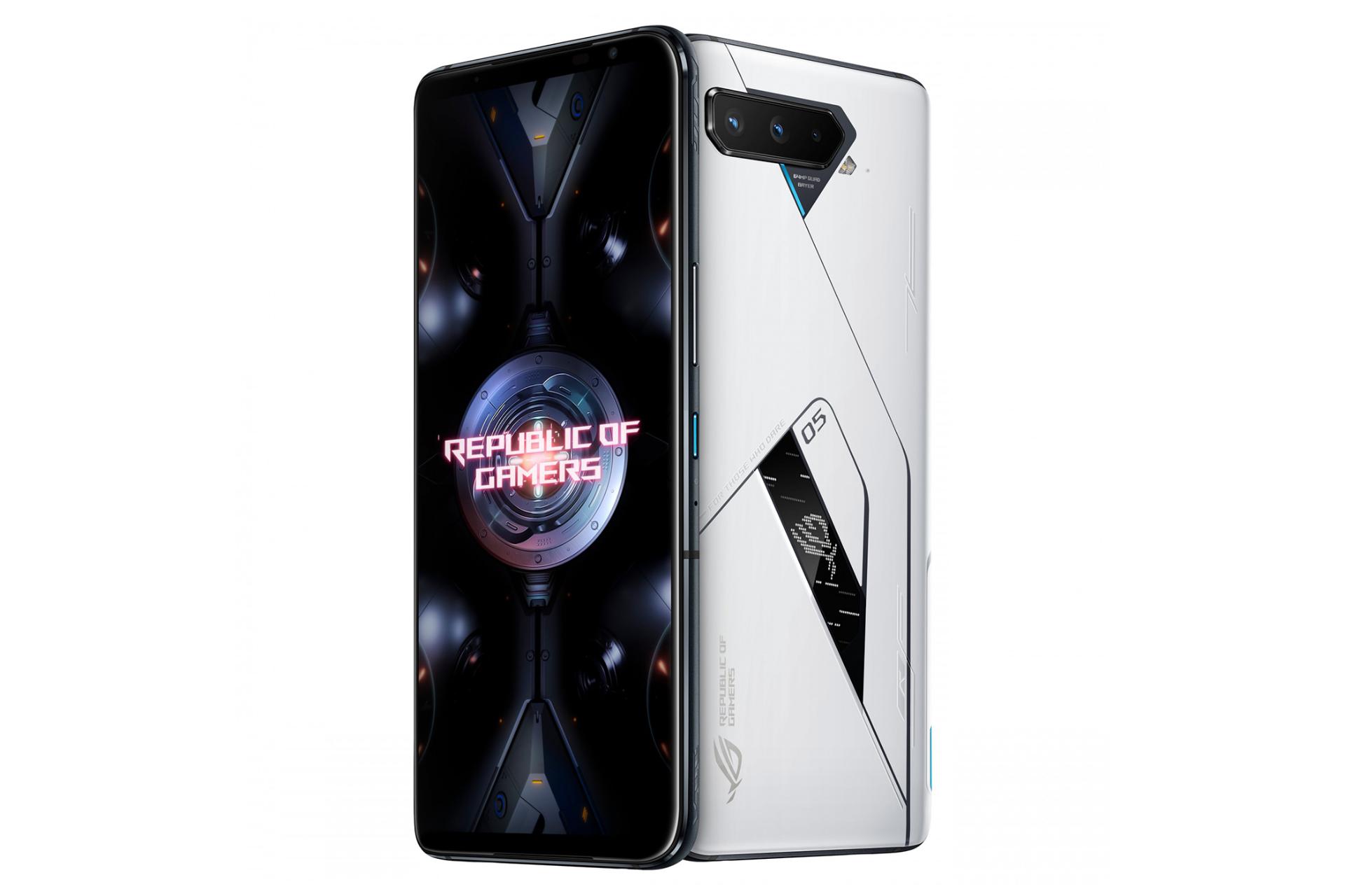 نمای جلو و پشت زاویه دار موبایل ROG فون 5 اولتیمیت ایسوس رنگ سفید
