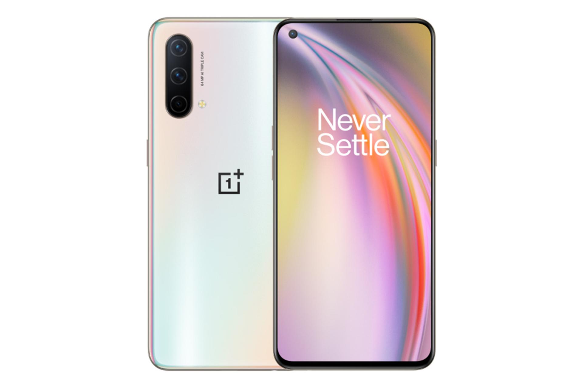 نمای پشت و جلو گوشی وان پلاس نورد سی ای 5G رنگ سفید