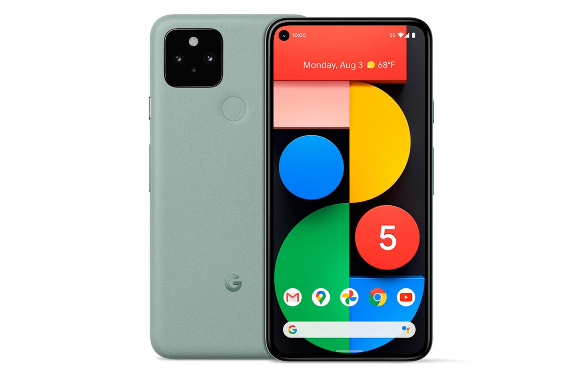 گوشی گوگل پیکسل 5 رنگ سبز از نمای پشت و جلو
