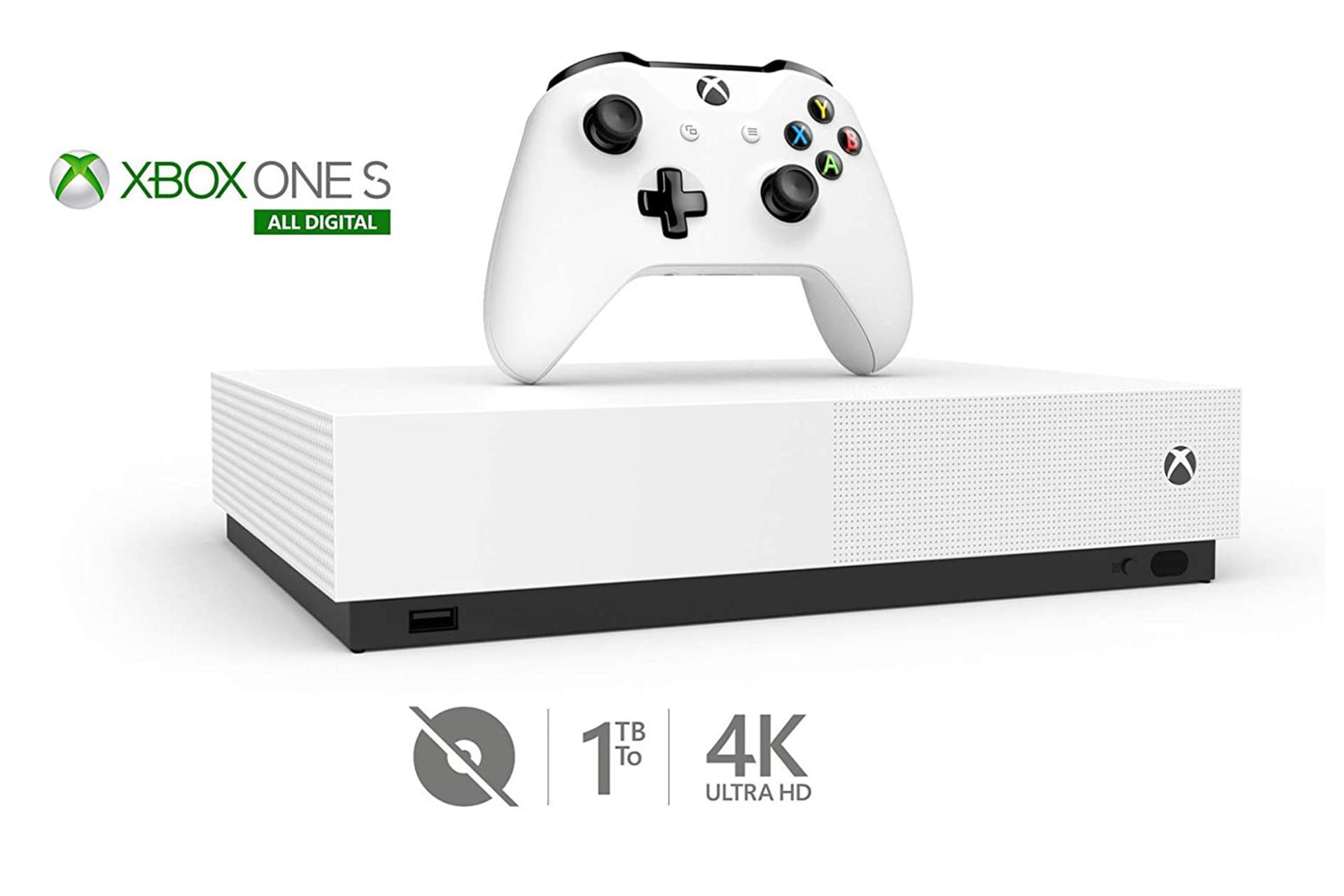 کنسول مایکروسافت ایکس باکس وان اس مدل دیجیتال - نمای جلو و رنگ سفید با دسته / Xbox One S