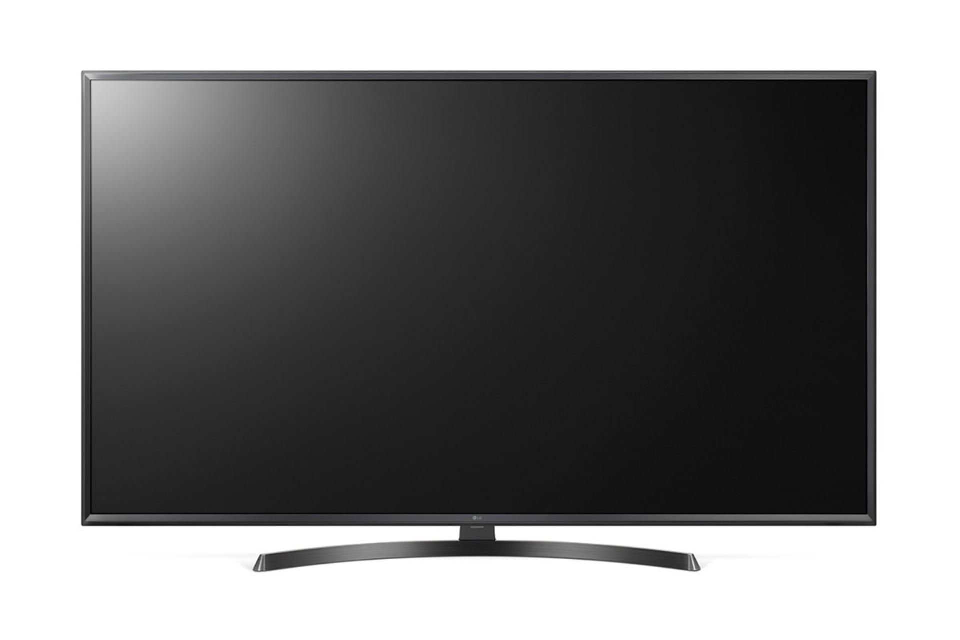 نمای جلو تلویزیون ال جی UK6600 مدل 43 اینچ با صفحه خاموش و رنگ مشکی و پایه U شکل