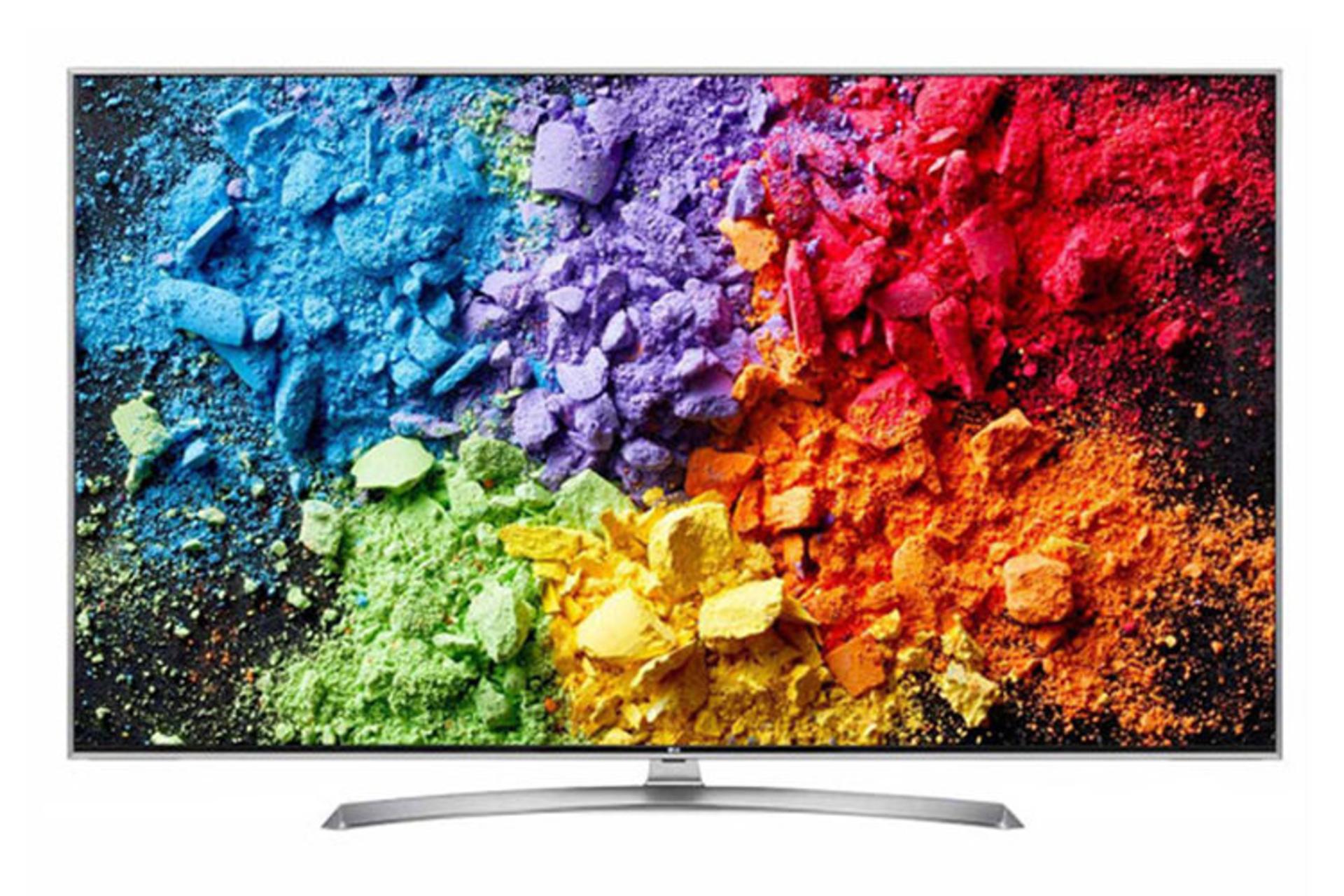 نمای جلوی تلویزیون ال جی UK7700 مدل 55 اینچ با رنگ نقره‌ای و صفحه روشن