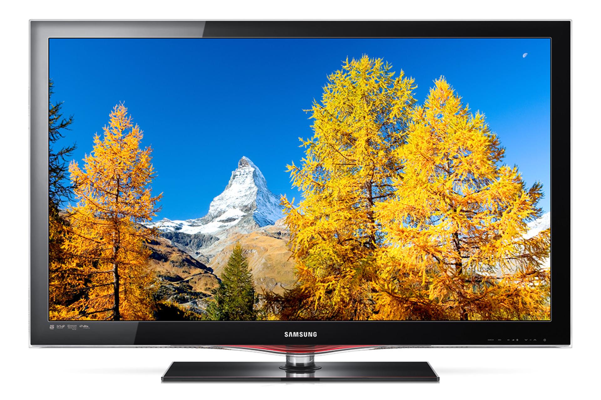 نمای جلو سامسونگ C650 مدل 40 اینچ با رنگ مشکی و صفحه روشن در حال پخش منظره