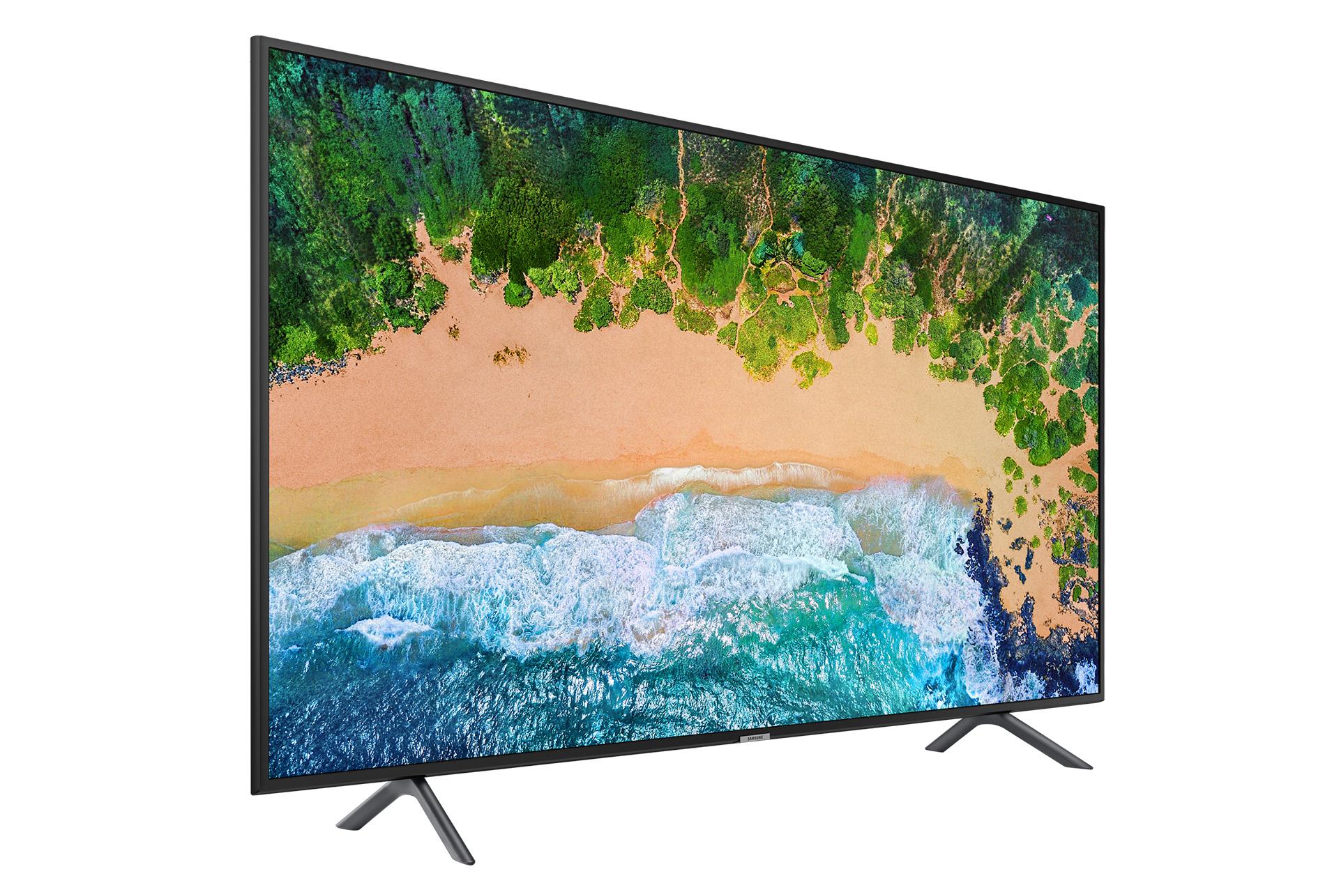 نمای نیمرخ تلویزیون سامسونگ NU7100 مدل 49 اینچ با صفحه روشن