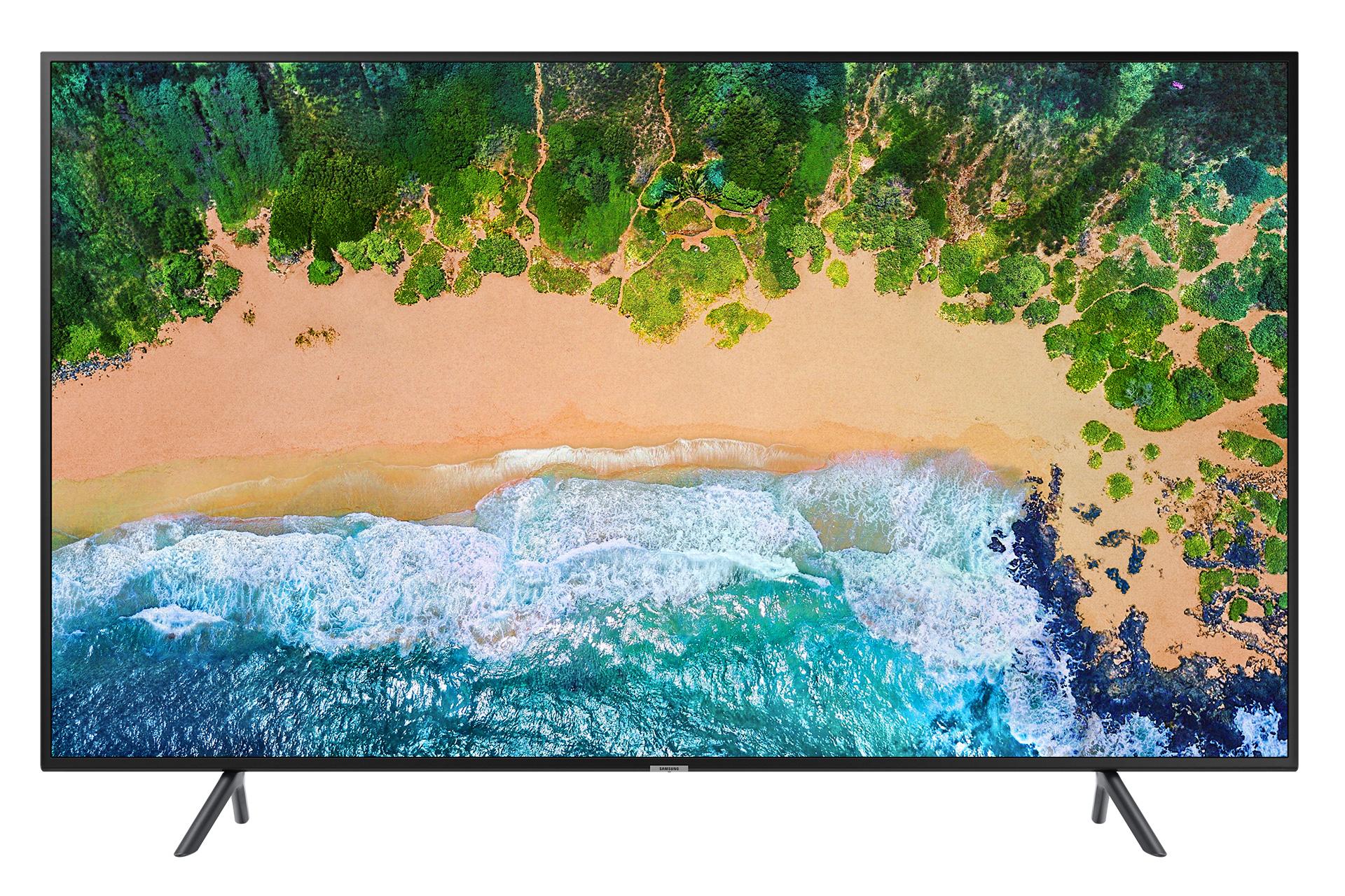 نمای جلو تلویزیون سامسونگ NU7100 مدل 49 اینچ با صفحه روشن