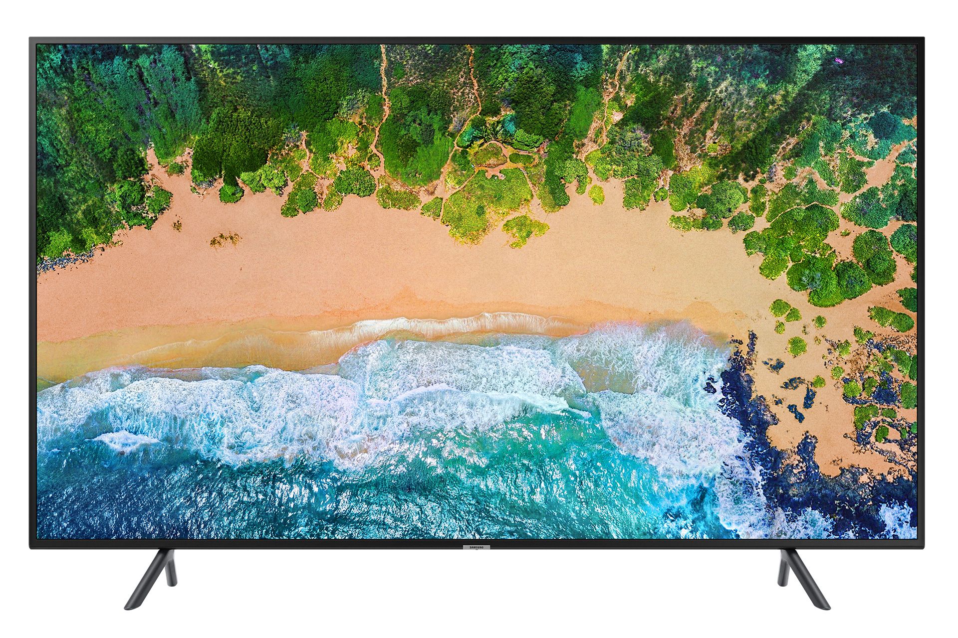 نمای جلو تلویزیون سامسونگ NU7100 مدل 49 اینچ با صفحه روشن