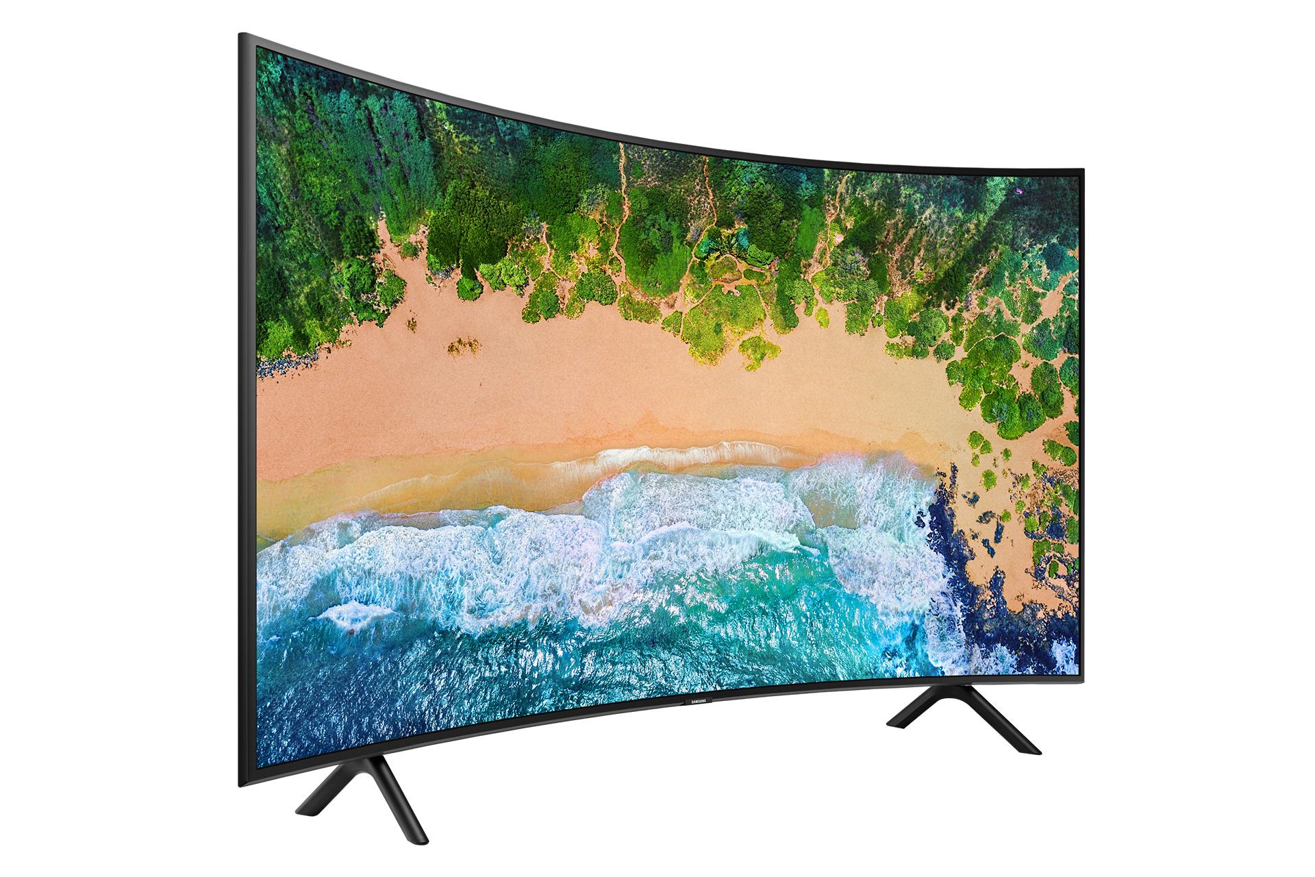 نمای نیمرخ چپ تلویزیون سامسونگ NU7300 مدل 55 اینچ با صفحه روشن