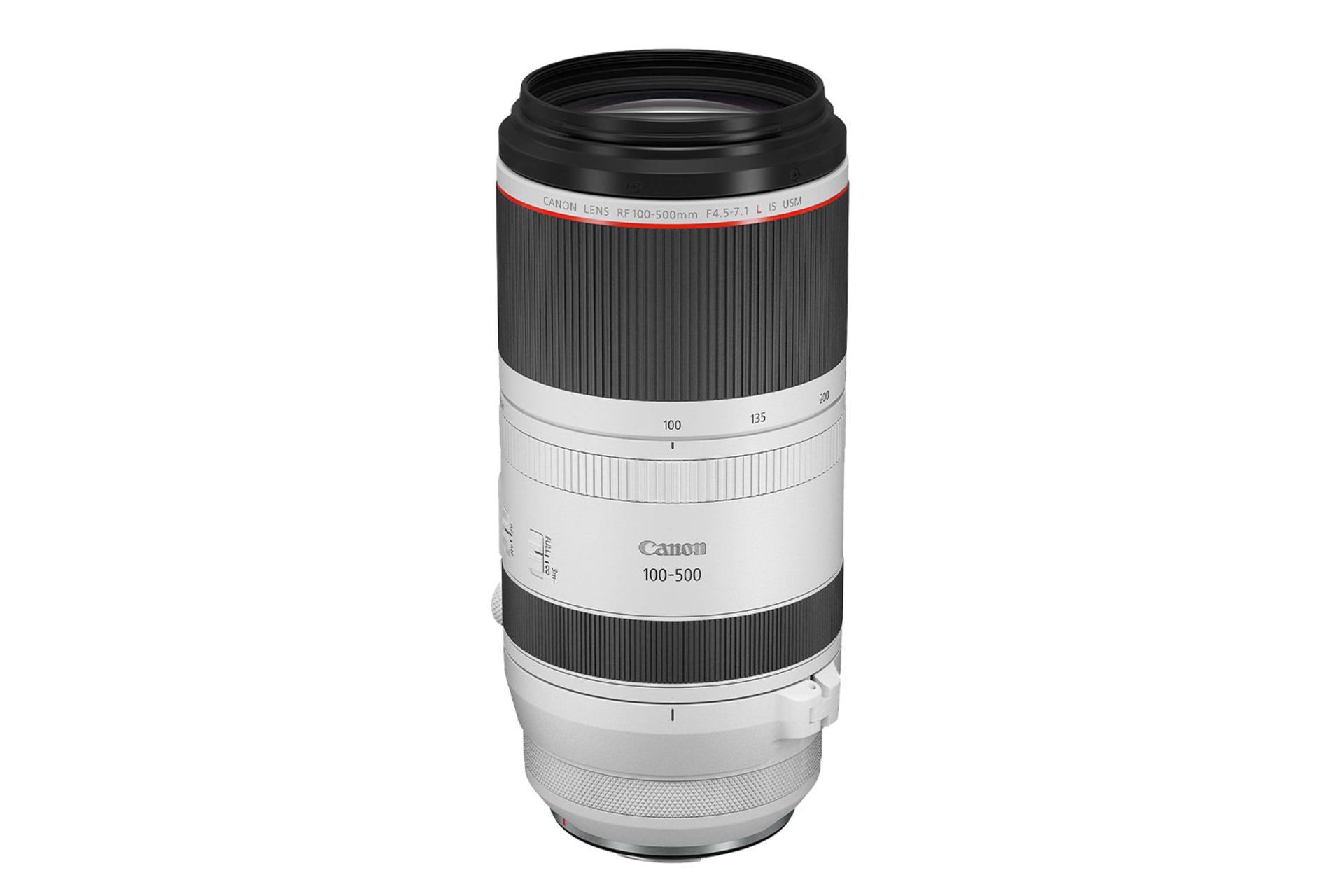 لنز کانن RF 100-500mm F4.5-7.1L IS USM نمای بغل و جلو/ Canon RF 100-500mm F4.5-7.1L IS USM