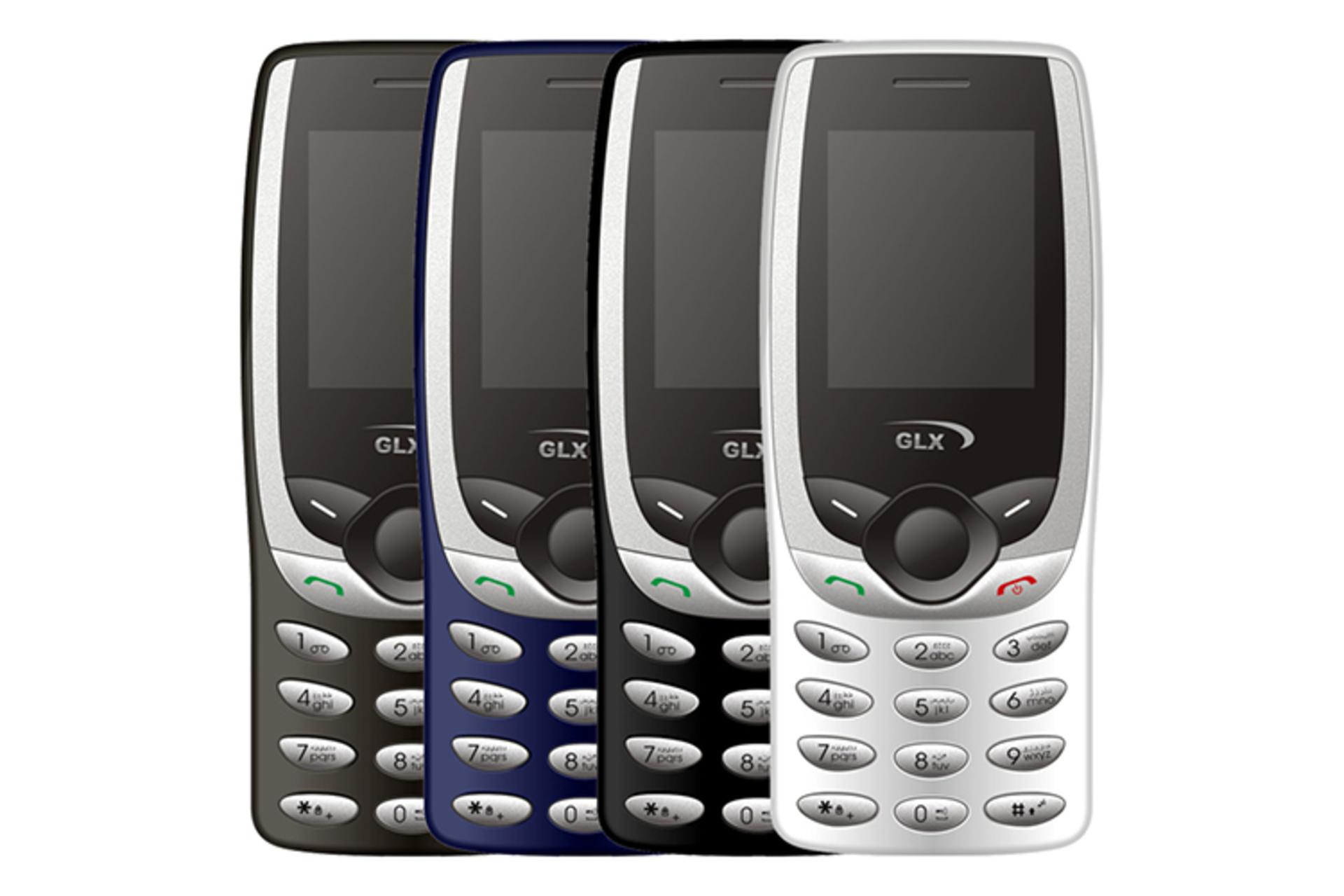 نمای جلو گوشی GLX N8 رنگ های سفید، مشکی، آبی، نوک مدادی