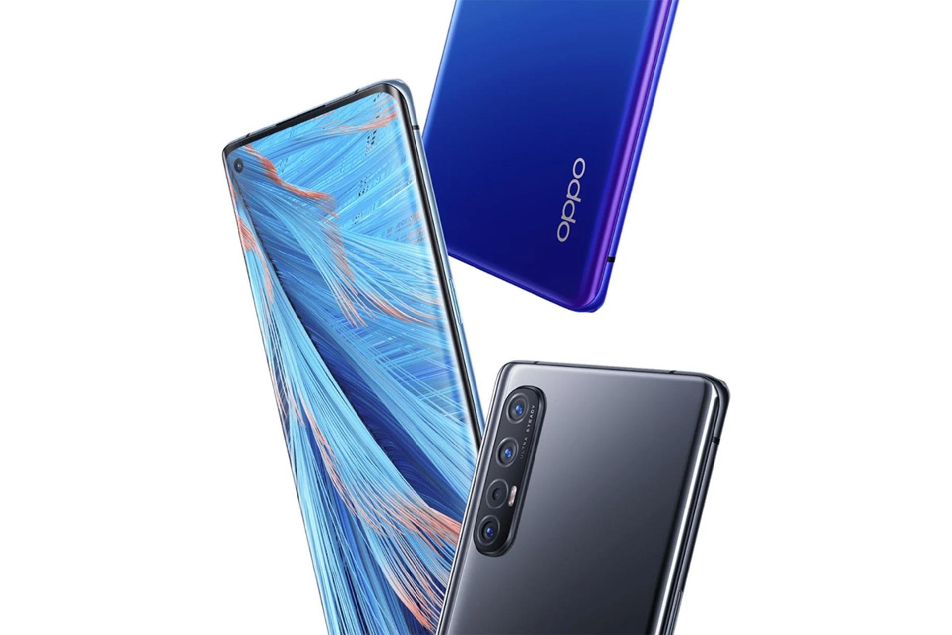 نمای سه گوشی اوپو فایند ایکس ۲ نئو با رنگ های آبی و مشکی