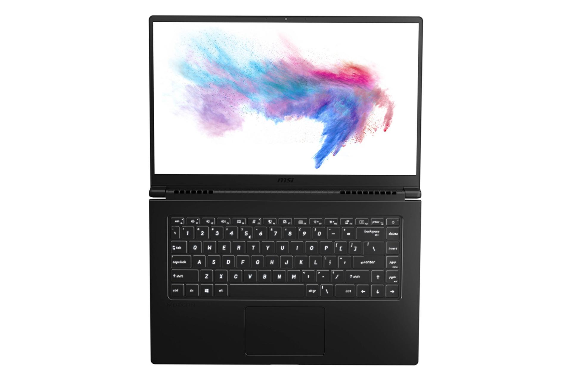 لپ‌تاپ مدرن 15 A10RB ام اس آی در حالت باز -  صفحه کلید و صفحه نمایش  /  MSI Modern 15 A10RB