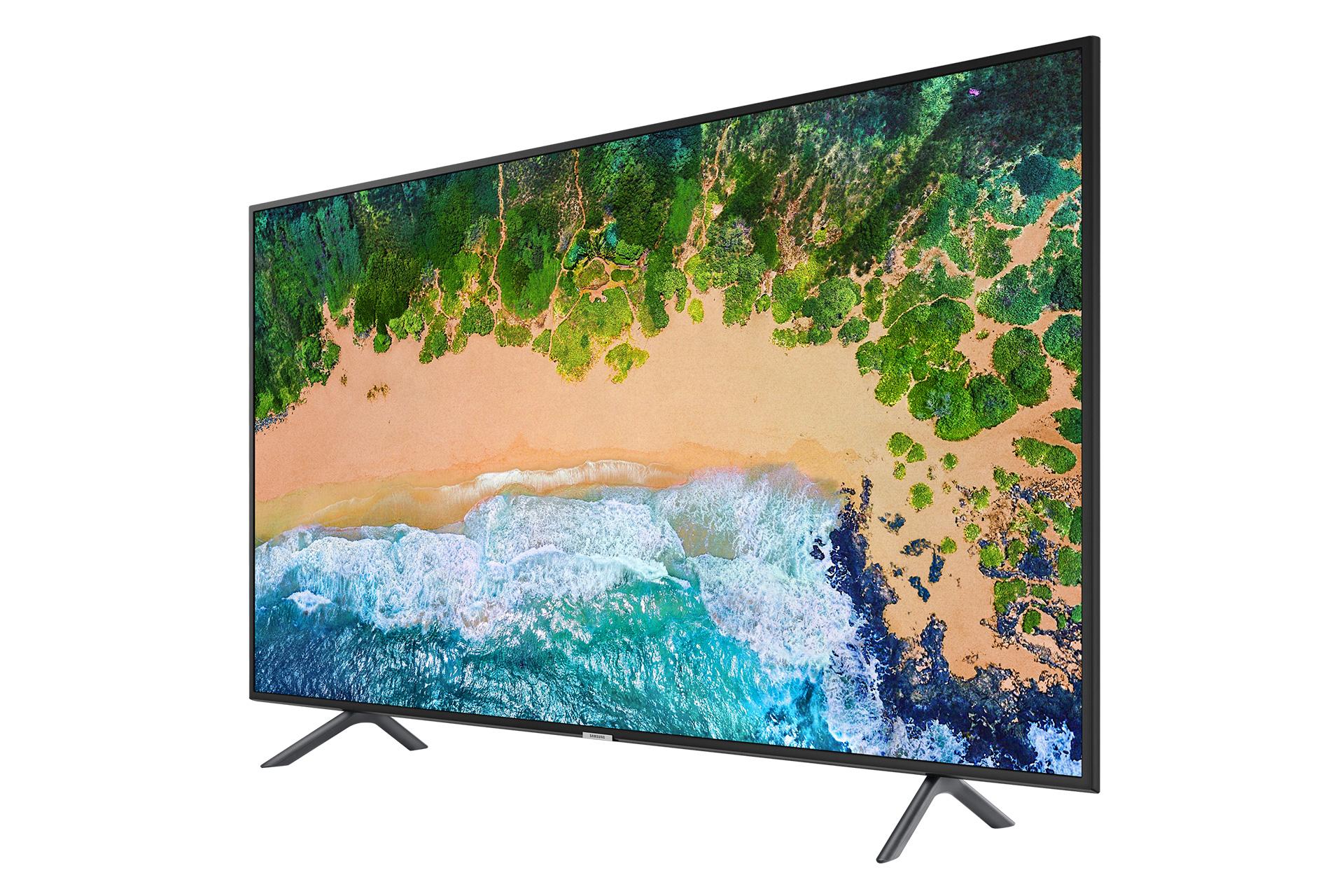 نمای نیمرخ چپ تلویزیون سامسونگ NU7100 مدل 55 اینچ و نمایش پایه ها