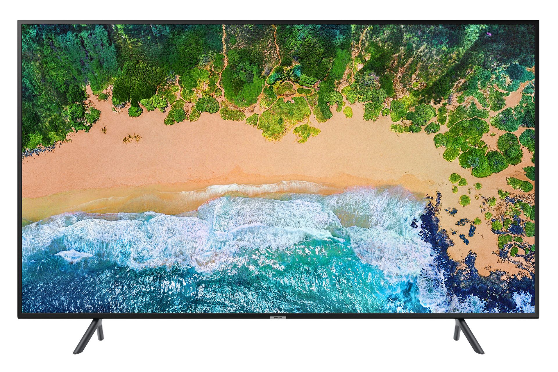 نمای جلو تلویزیون سامسونگ NU7100 مدل 55 اینچ با صفحه روشن