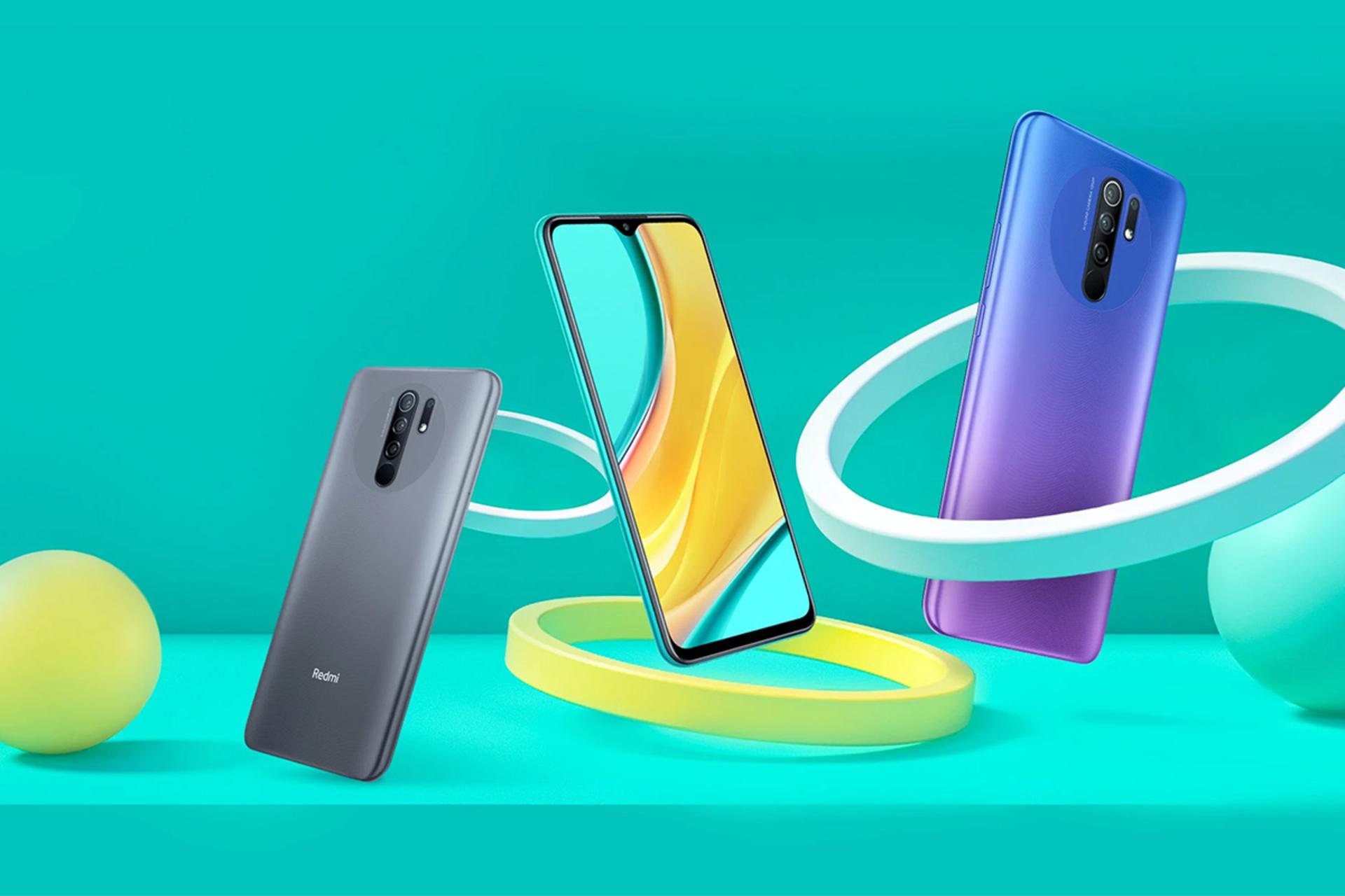 نمای پشت و جلو گوشی شیائومی ردمی 9 پرایم در حالت معلق رنگ بنفش و مشکی