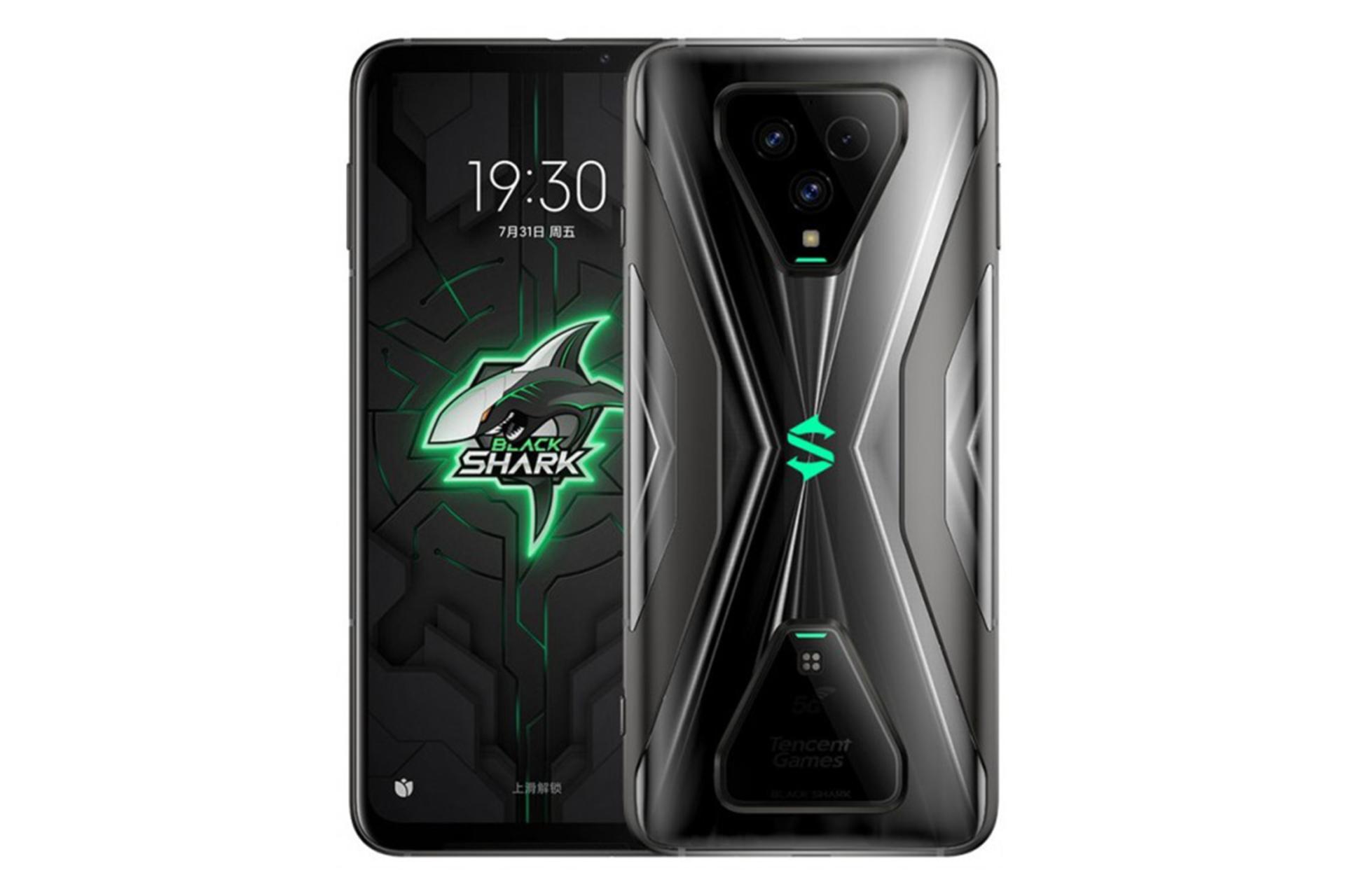 نمای پشت و جلوی گوشی گیمینگ شیائومی بلک شارک 3 اس با رنگ مشکی