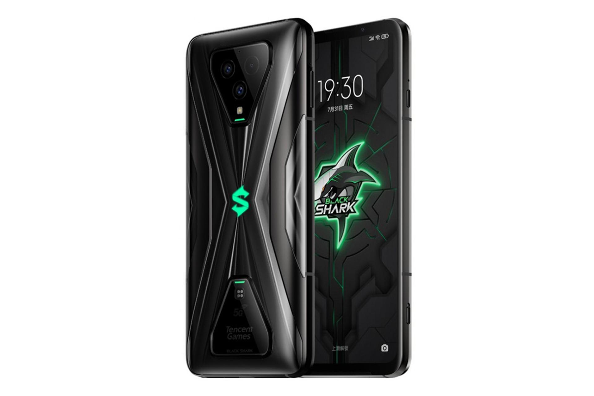 نمای نیمرخ پشت و جلوی گوشی گیمینگ شیائومی بلک شارک 3 اس با رنگ مشکی