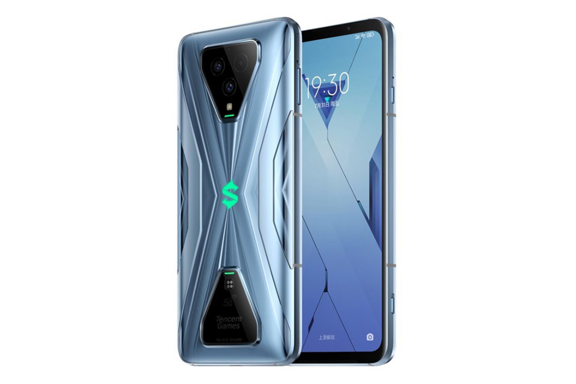 نمای نیمرخ پشت و جلوی گوشی گیمینگ شیائومی بلک شارک 3 اس با رنگ آبی