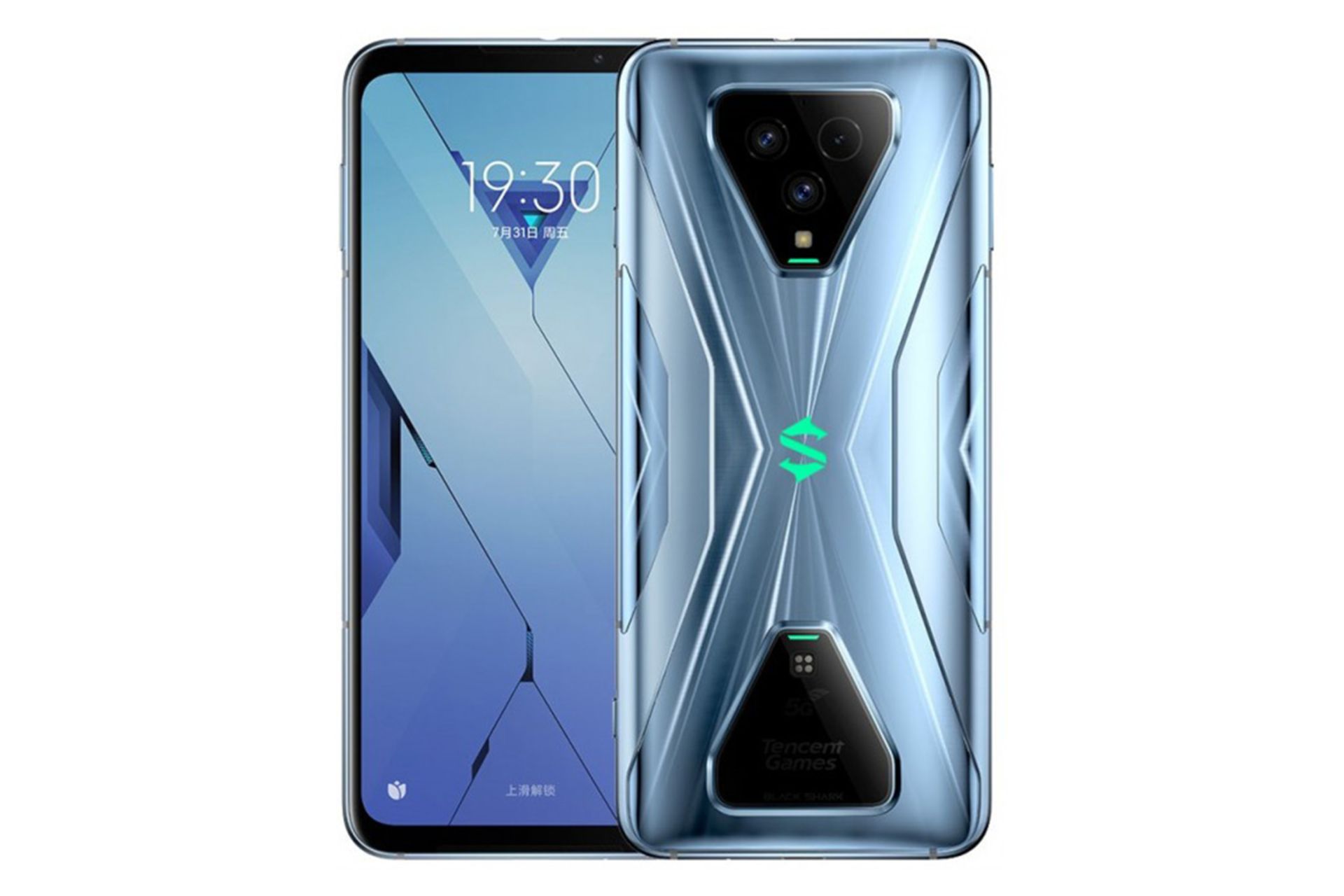 نمای پشت و جلوی گوشی گیمینگ شیائومی بلک شارک 3 اس با رنگ آبی