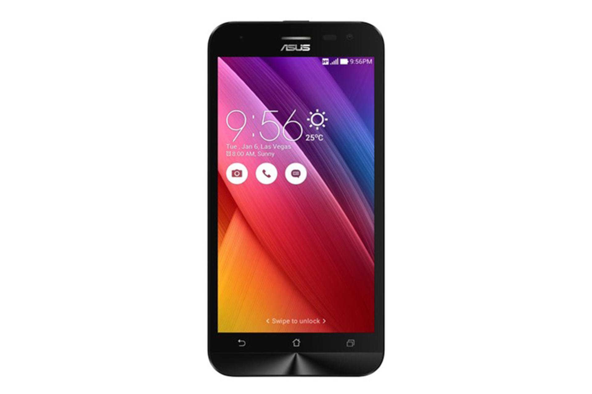 جلو گوشی Asus Zenfone 2 Laser ZE500KG با رنگ مشکی و نمایشگر روشن